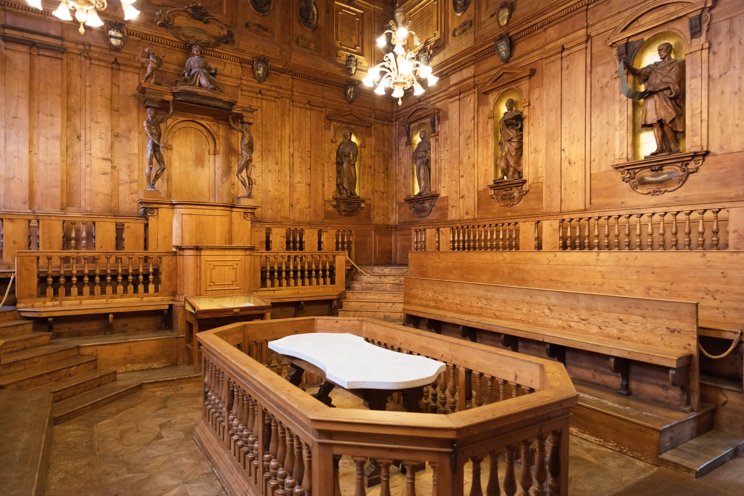 The Anatomical Theatre of the Archiginnasio at the University of Bologna, Italy. Built in 1638, the carved wooden figures represent famous physicians of ancient times, such as Hippocrates.