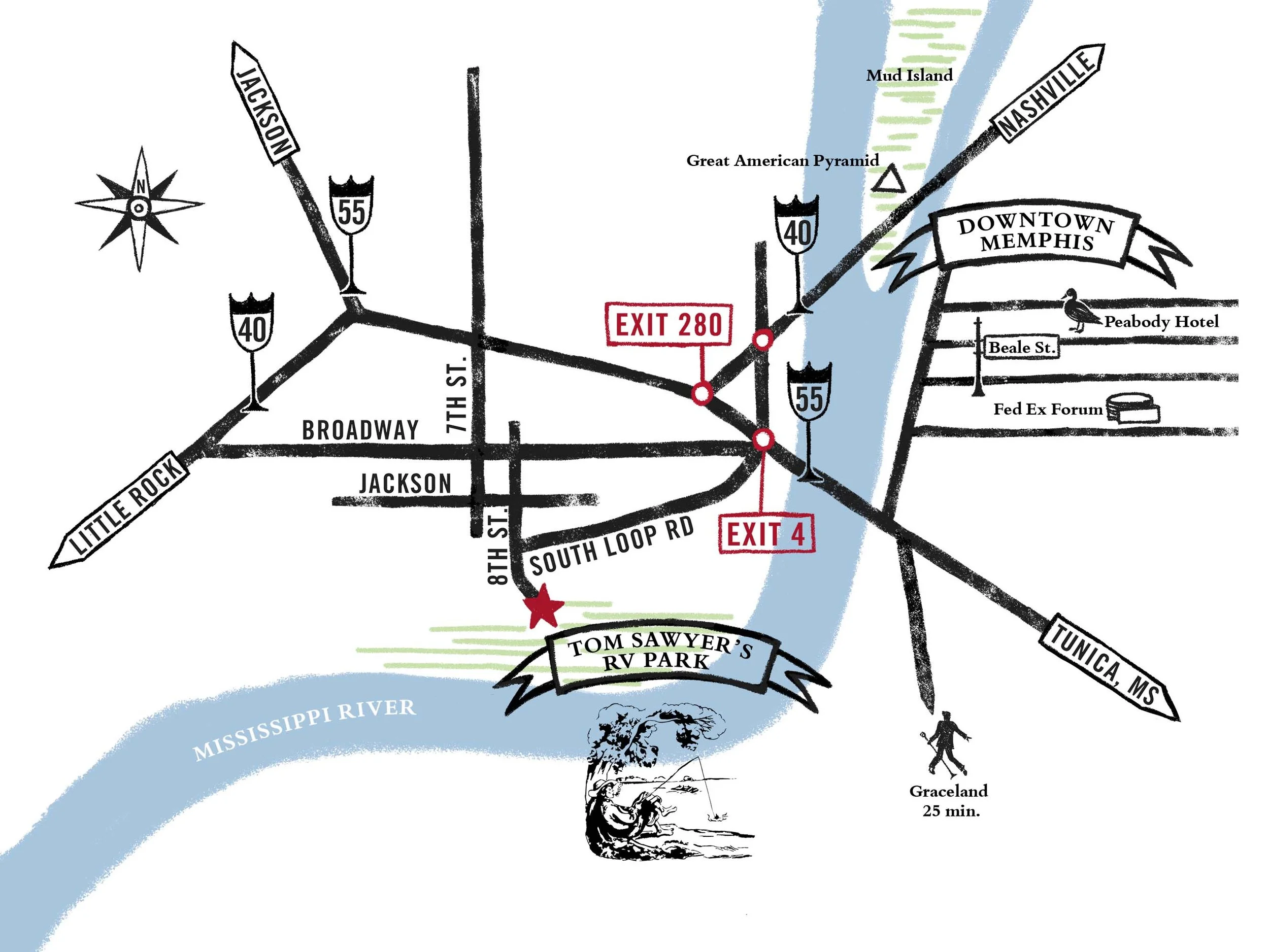 Map highlighting routes and landmarks along the Mississippi River near Memphis, Tennessee, including Downtown Memphis, Mud Island, and Tom Sawyer's RV Park, with symbols for fishing, camping, and walking.