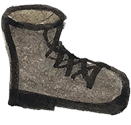 A hiking boot with gray and black colors and dark brown laces.