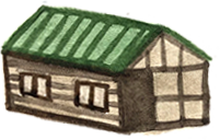 A small house with a green roof, tan walls, and three windows.
