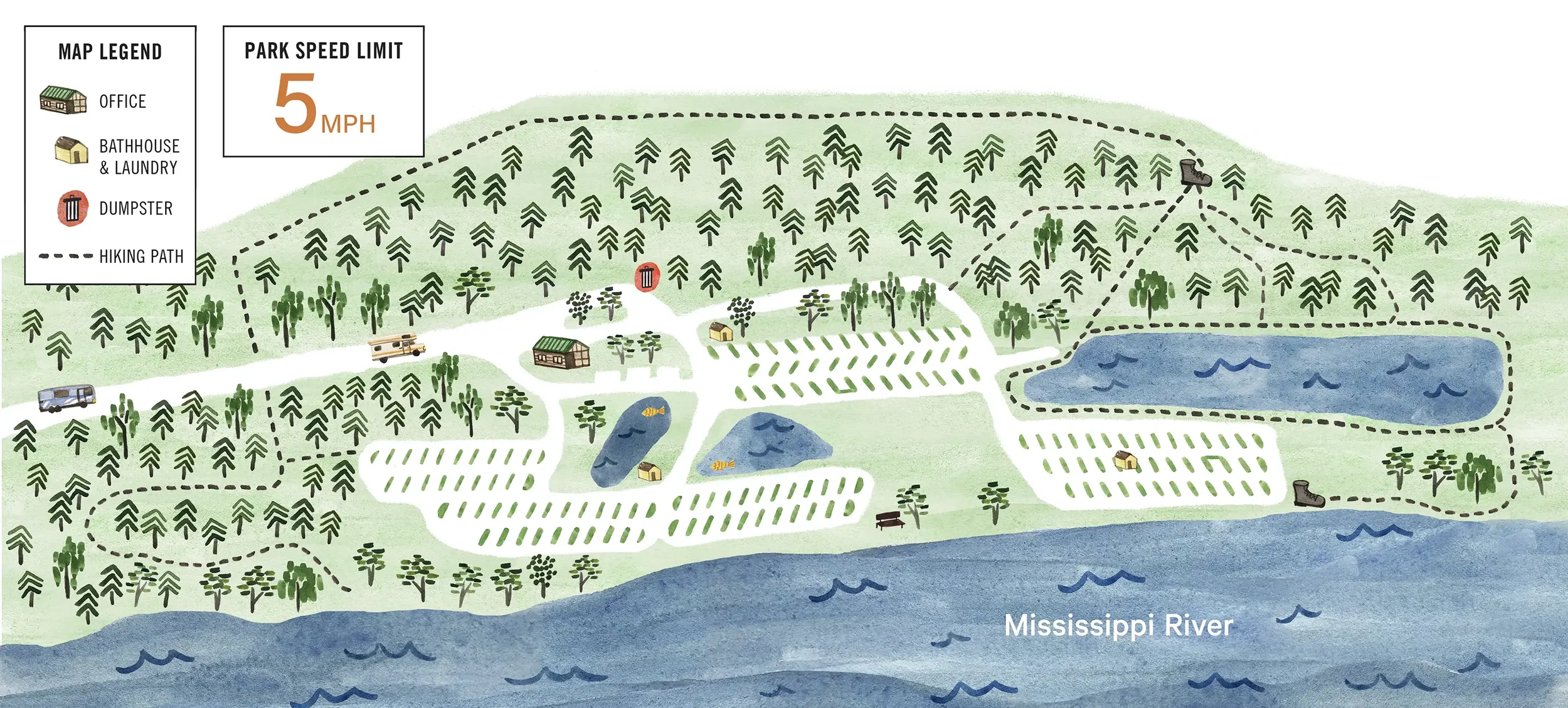Map of a park area beside the Mississippi River showing hiking trails, lakes with fish, buildings such as an office, bathhouse, and cabins, a dumpster, vehicles, trees, a bench, and a pond, with a park speed limit of 5 MPH.