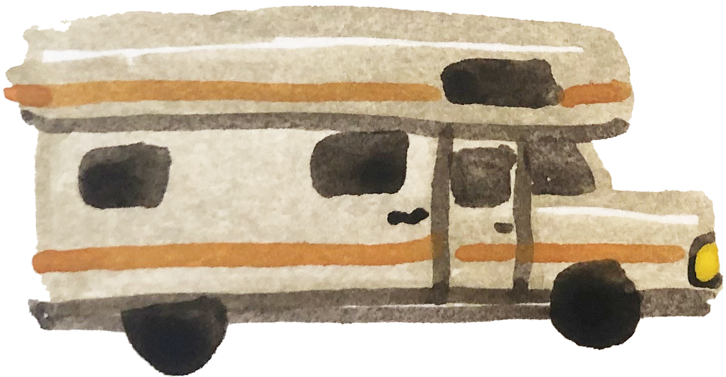 A hand-drawn illustration of a beige-colored camper van with black wheels, orange and gray horizontal stripes, and a yellow circular detail on one corner.