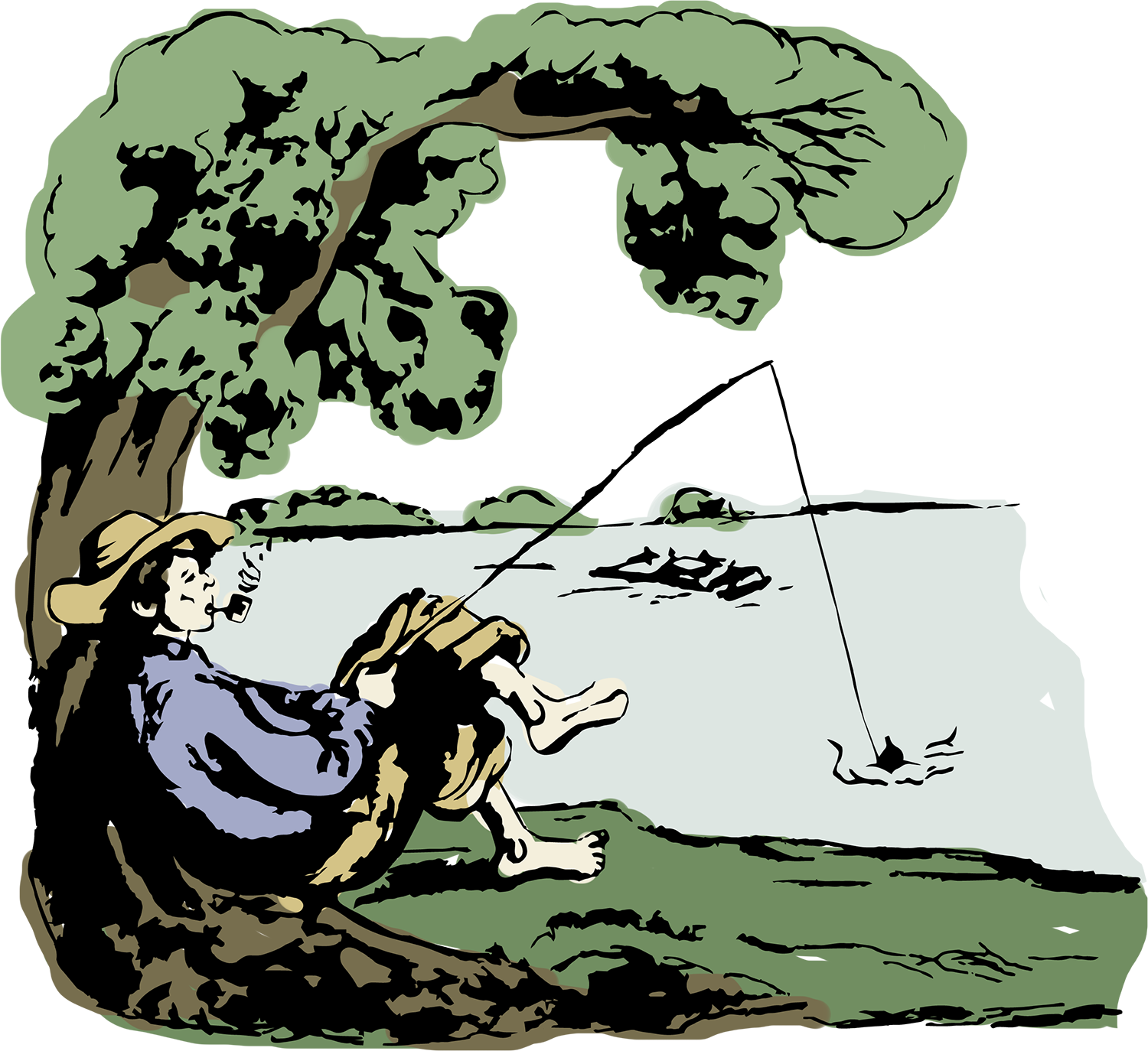 Drawing of a person fishing near a body of water, sitting under a large tree, wearing a wide-brimmed hat, smoking a pipe, with a fishing rod and a dog beside.