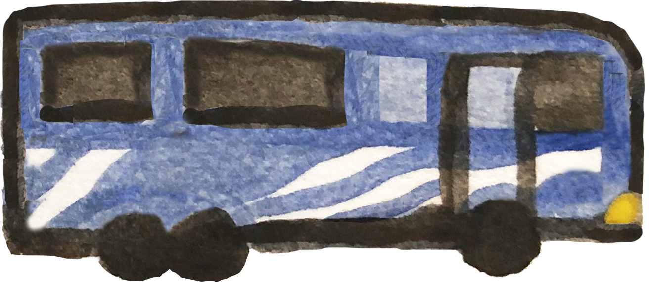 Child's drawing of a blue bus with black wheels and windows.