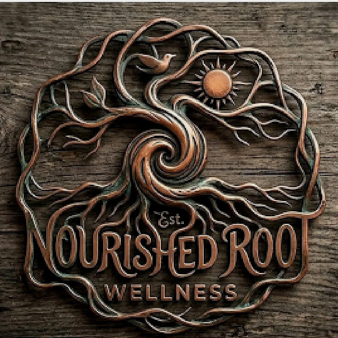 Decorative metal sign featuring a tree with roots and leaves, a sun, and the text 'Established Oursh Ed Root Wellness'.