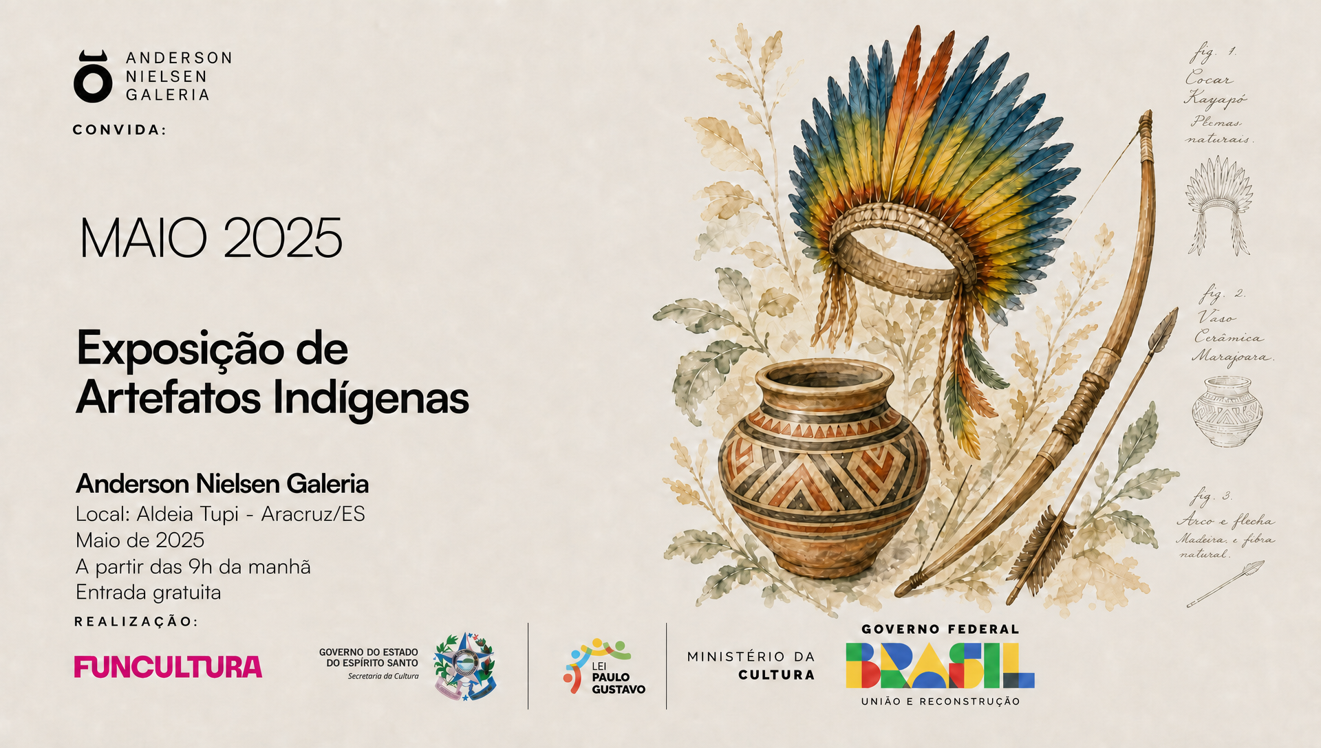 Cartaz anunciando a exposição de artefatos indígenas em maio de 2025 na Anderson Nielsen Galeria, localizada na Aldeia Tupi em Aracruz, Espírito Santo, Brasil, com desenhos de um prato cerâmico, arco e flecha de madeira e fibra, e uma penas tradicionais indígenas.