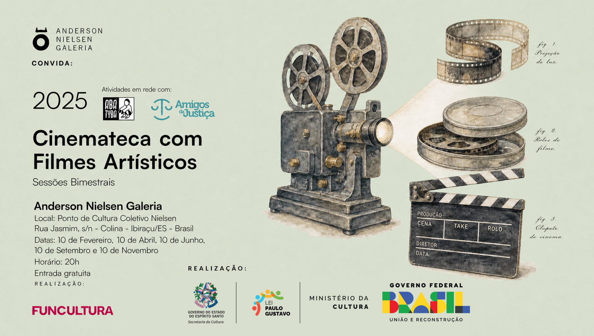 Convite para evento de cinema artístico na Anderson Nielsen Galeria, em Ibraçú/ES, com atividades em rede, sessões bimestrais, incluindo detalhes do local, datas, horário, entrada gratuita e logos de apoiadores e patrocinadores.