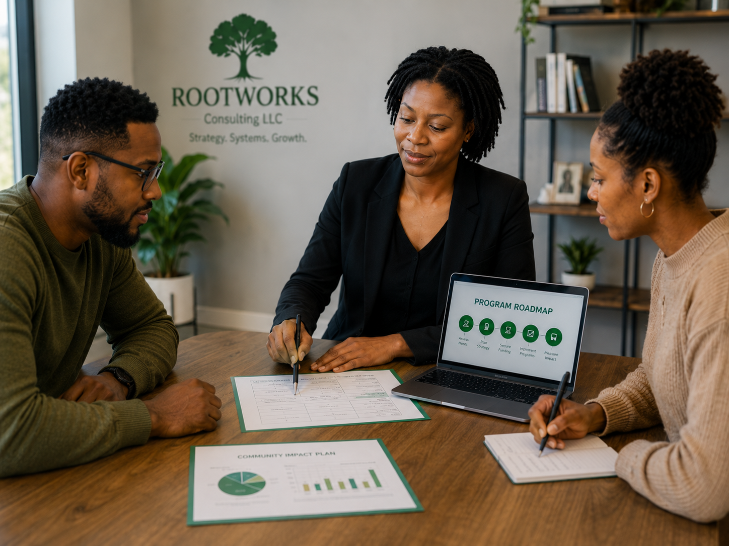 Three people in a meeting room reviewing documents and a laptop with a program roadmap on the screen. The woman in the middle is pointing to a document, and the woman on the right is taking notes. The background shows a plant, bookshelves, and a logo on the wall reading 'ROOTWORKS Consulting LLC'.