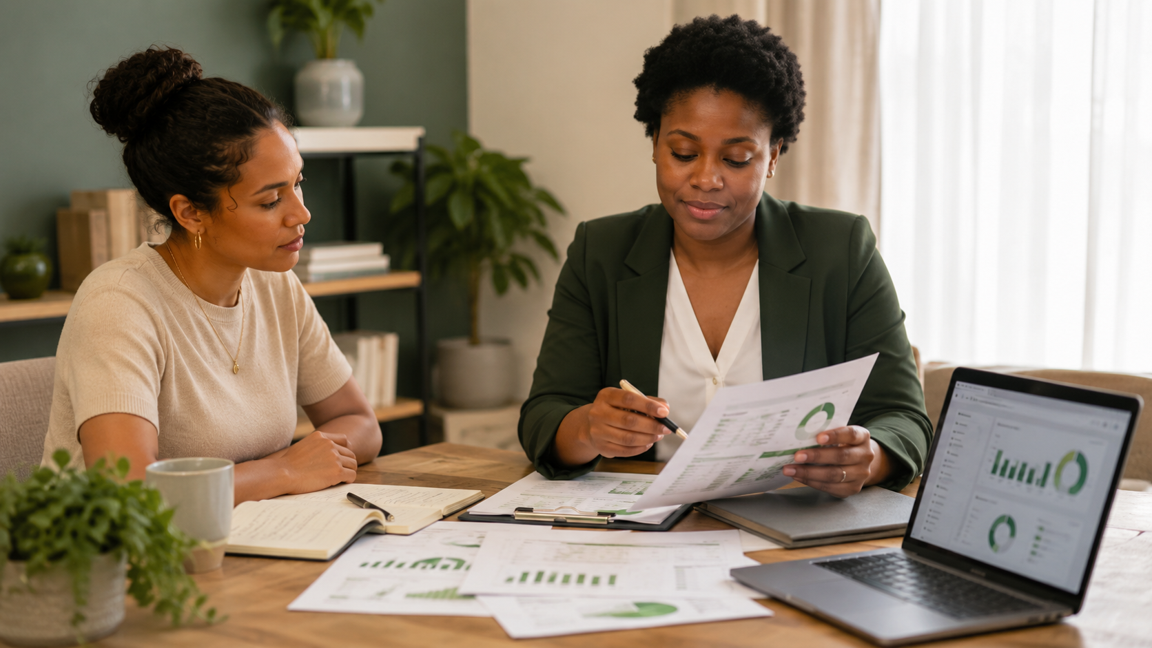 Two women in a meeting, one is reading a printed report, the other is taking notes, with charts and graphs on a laptop and papers on the table.