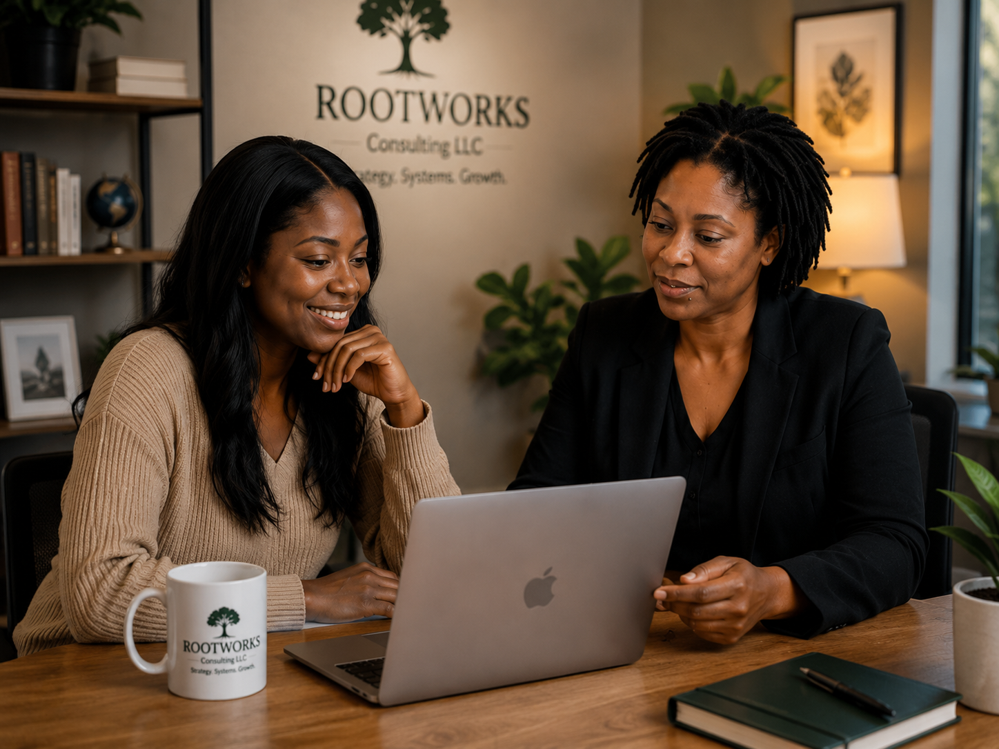 Two women sit at a table with a laptop, discussing, in an office with a Rootworks Consulting LLC logo on the wall.