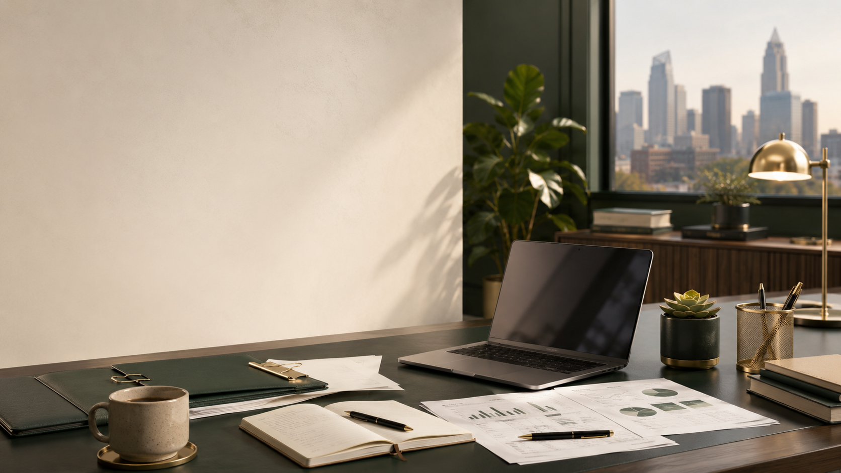 Business office desk with documents, a laptop, notebooks, a coffee mug on a coaster, a pen, a plant, and a desk lamp, with a city skyline view through the window.