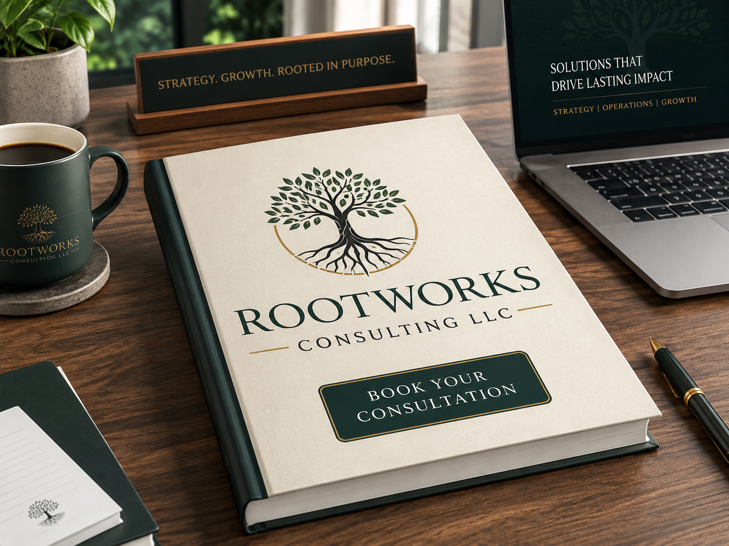 A desk scene with a large Book of Rootworks Consulting LLC, a notebook, a coffee mug, a laptop, a pen, and a desk plaque with the words "Strategy. Growth. Rooted in Purpose."