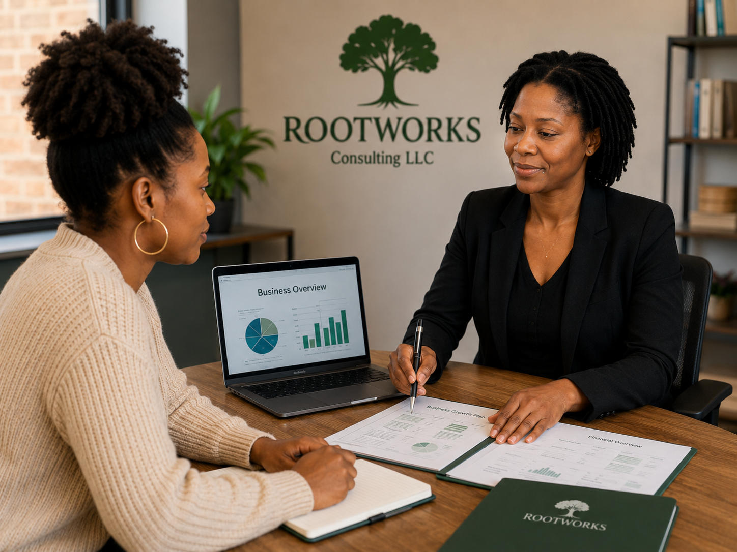 Two women seated at a desk during a business meeting. One woman is taking notes while the other is explaining documents. A laptop displaying charts and graphs, a green folder with "ROOTWORKS" logo, and open business reports are on the table. In the background, a wall displays the "ROOTWORKS Consulting LLC" logo with a tree symbol.