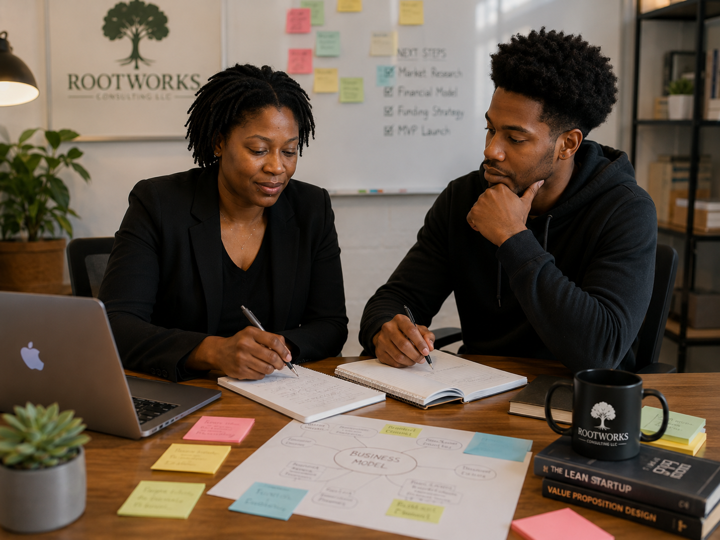 Two people sitting at a table, working on notebooks with pens, with a laptop, sticky notes, a business model diagram, books, and a mug that says 'ROOTWORKS' in an office setting.