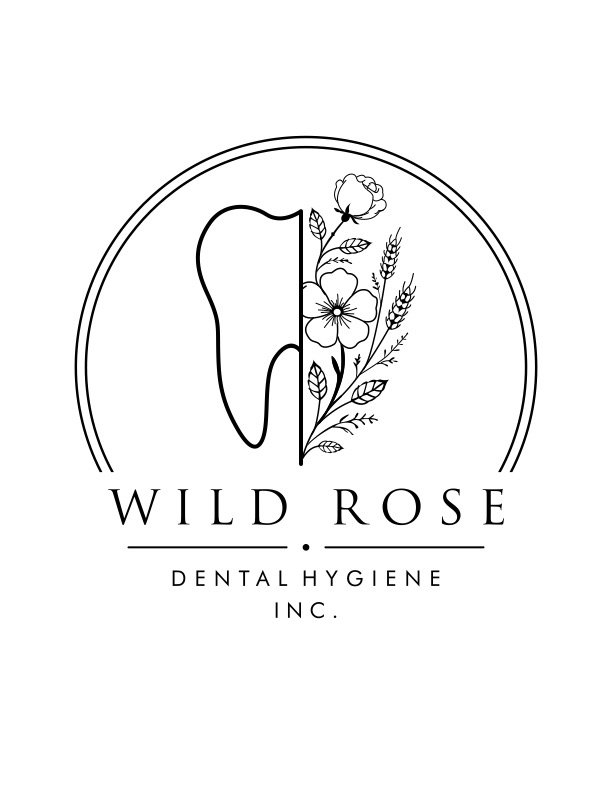 Logo for Wild Rose Dental Hygiene Inc. featuring an outline of a tooth on the left and floral elements on the right inside a circle.