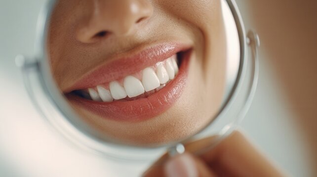 Close-up of a person smiling with white teeth, looking at their reflection in a mirror.