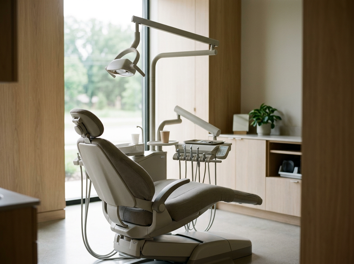 Dental office with an empty dental chair near a large window, with dental tools and a lamp in a clean, modern setting.