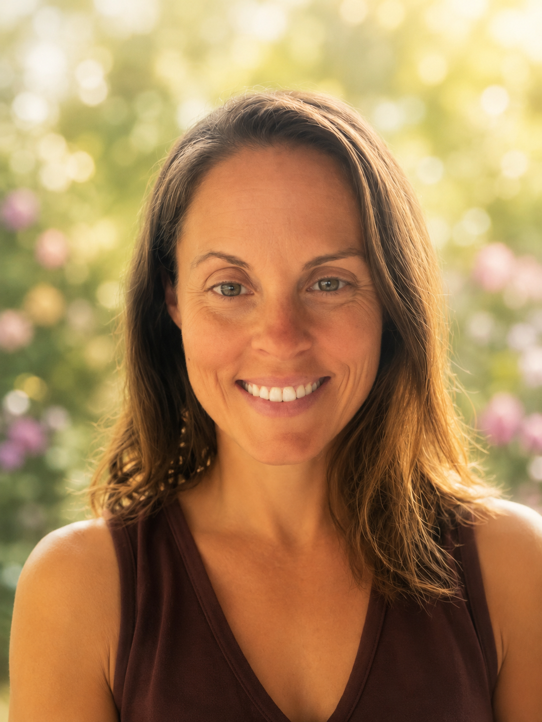 A woman smiling outdoors with a blurred garden background of greenery and pink flowers.