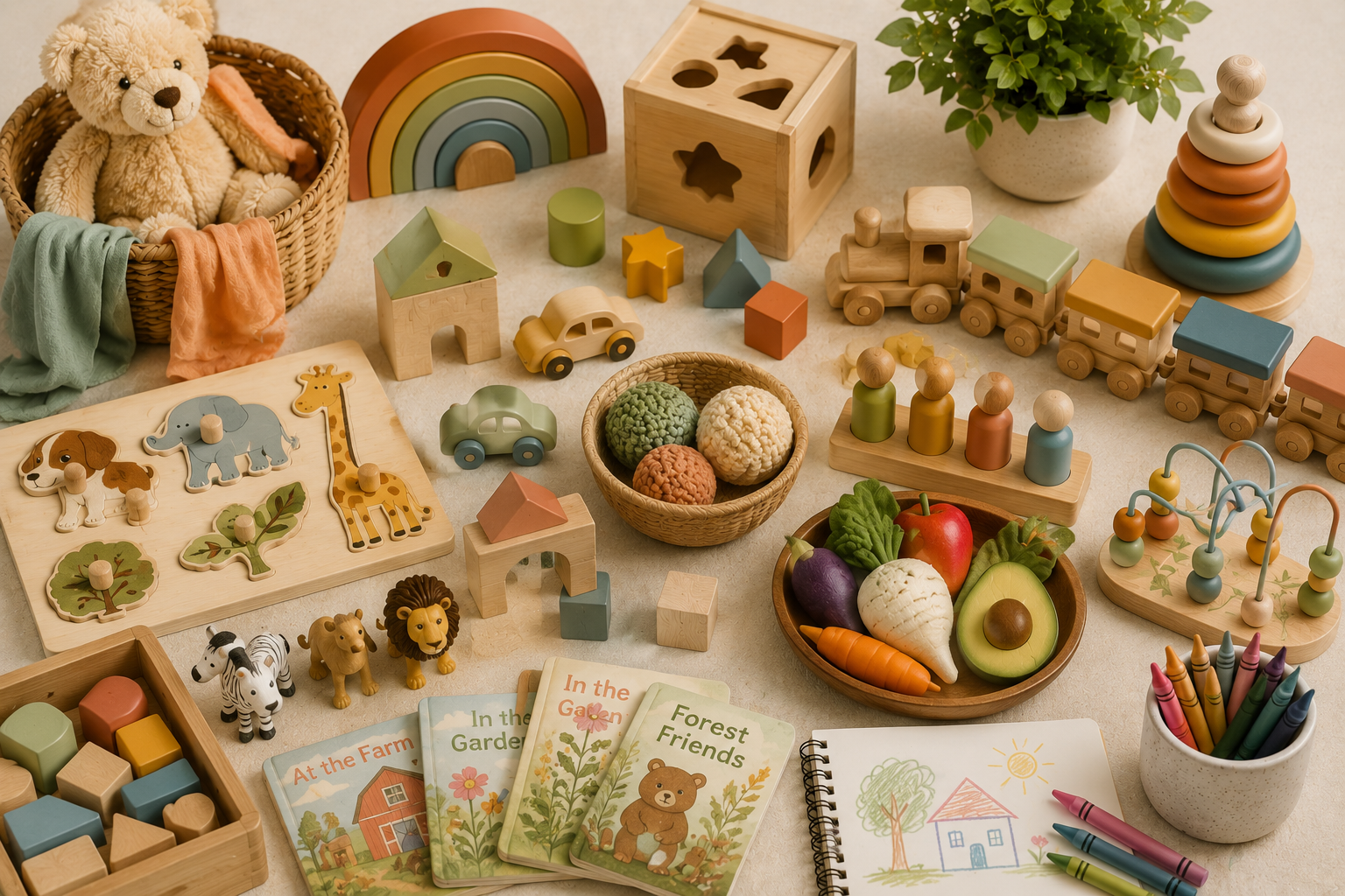 A collection of children's toys and educational materials on a beige surface, including wooden animal figures, a toy train, a basket of toy vegetables, colorful blocks, a potted plant, a stack of rainbow rings, books about gardens and forest friends, and drawing supplies.