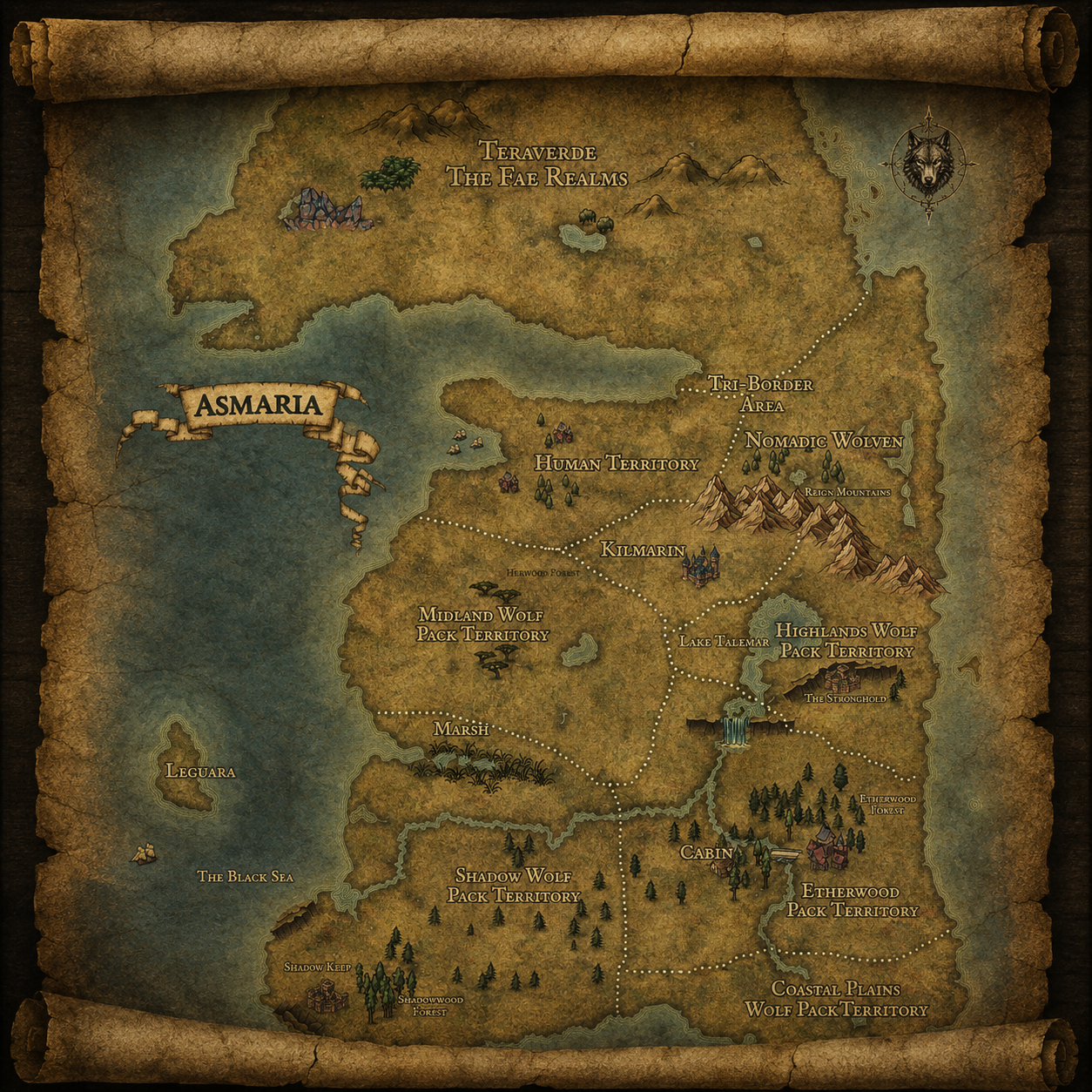A fantasy world map titled 'Asmaria' showing regions like human territory, wolf pack territories, mountains, forests, lakes, and towns like Kilmarin and Cabin. It features various terrains, landmarks, and a decorative compass rose.