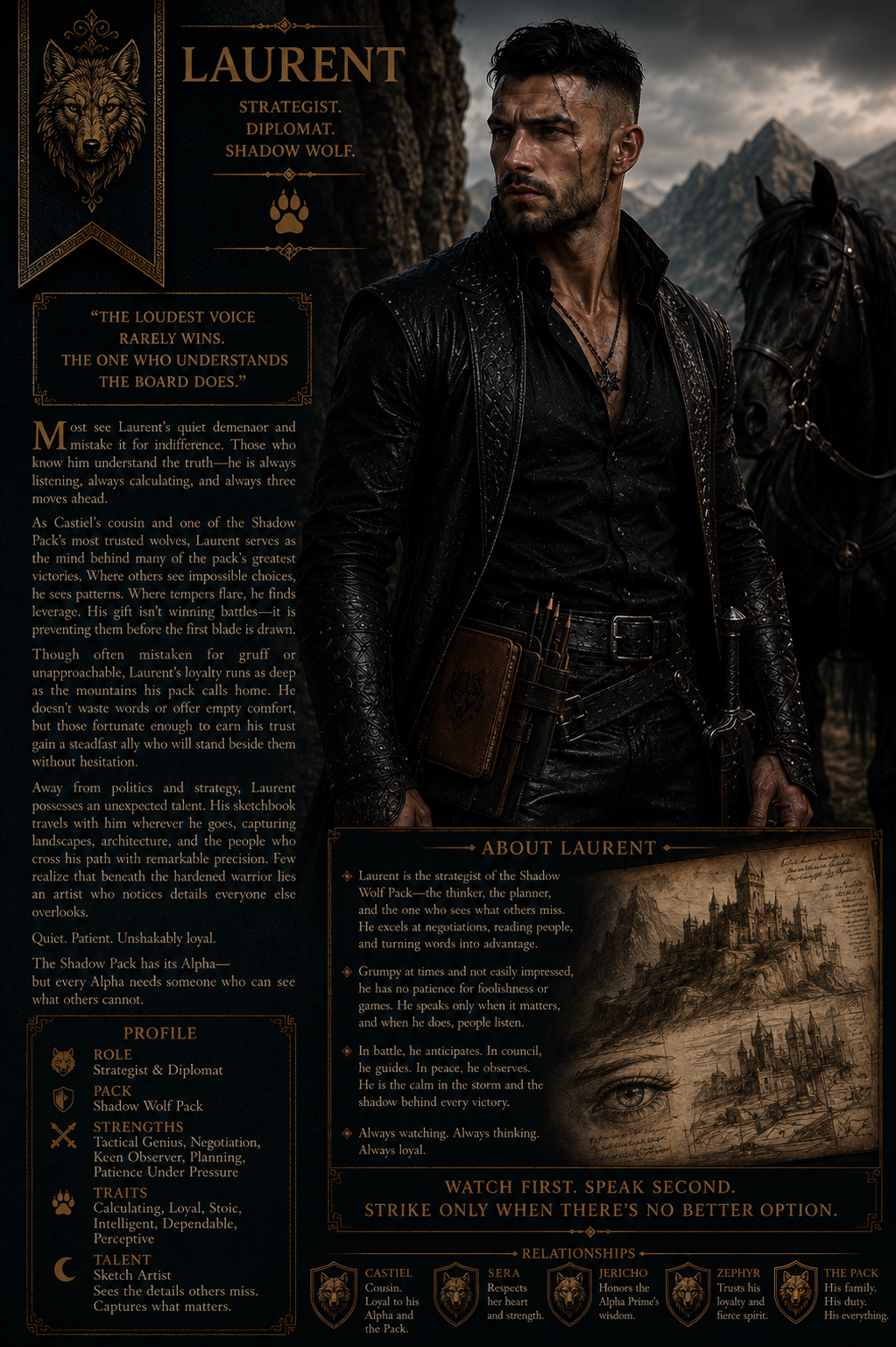 Character profile of Laurent, a strategist and diplomat, with a dark, mountainous landscape in the background. The profile includes a quote about winning only when silent, a detailed description of Laurent's personality and skills, and illustrations of a castle and an eye sketch.
