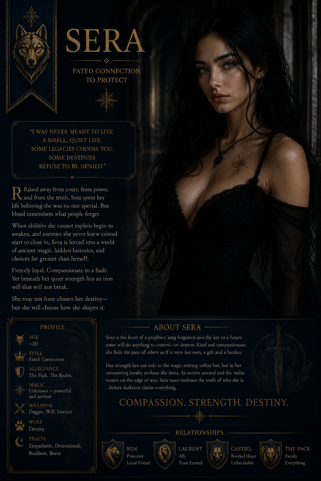 A fantasy character profile card for Sera, a young woman with long black hair, blue eyes, wearing black lace dress, with wolf and moon symbols, and text describing her background, traits, and relationships.
