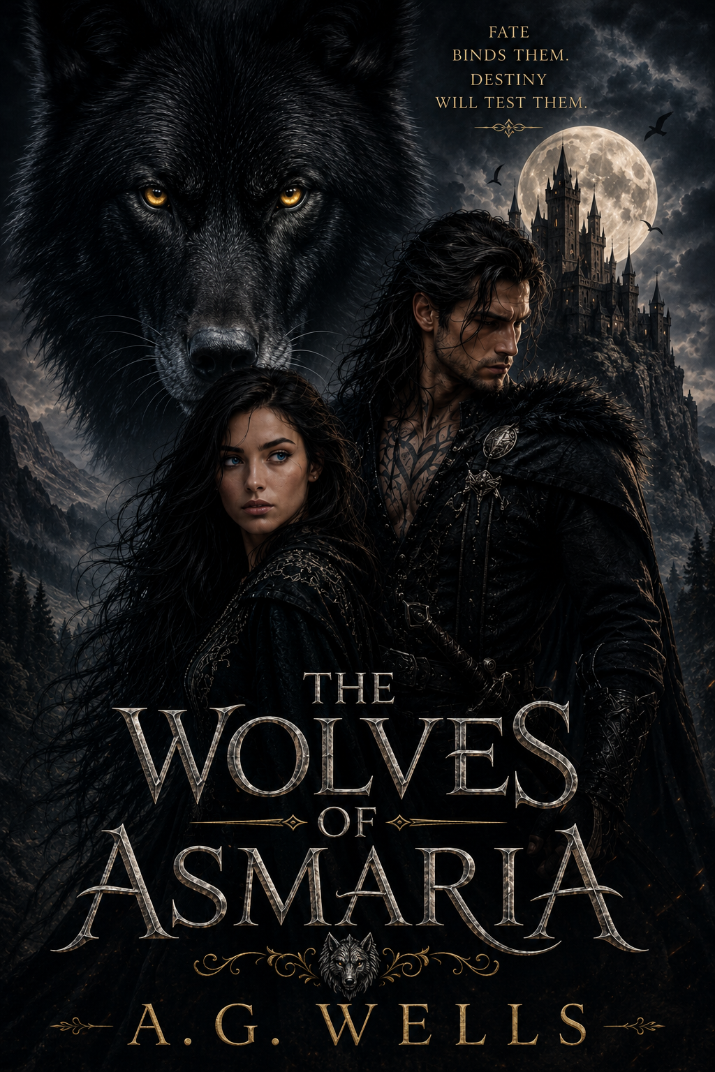 Book cover for 'The Wolves of Aesmaria' by A.G. Wells, featuring a large wolf's face in the background, a man with long dark hair and dark clothing with a sword, and a woman with long dark hair, all set against a dark, mountainous landscape with a full moon and a castle.