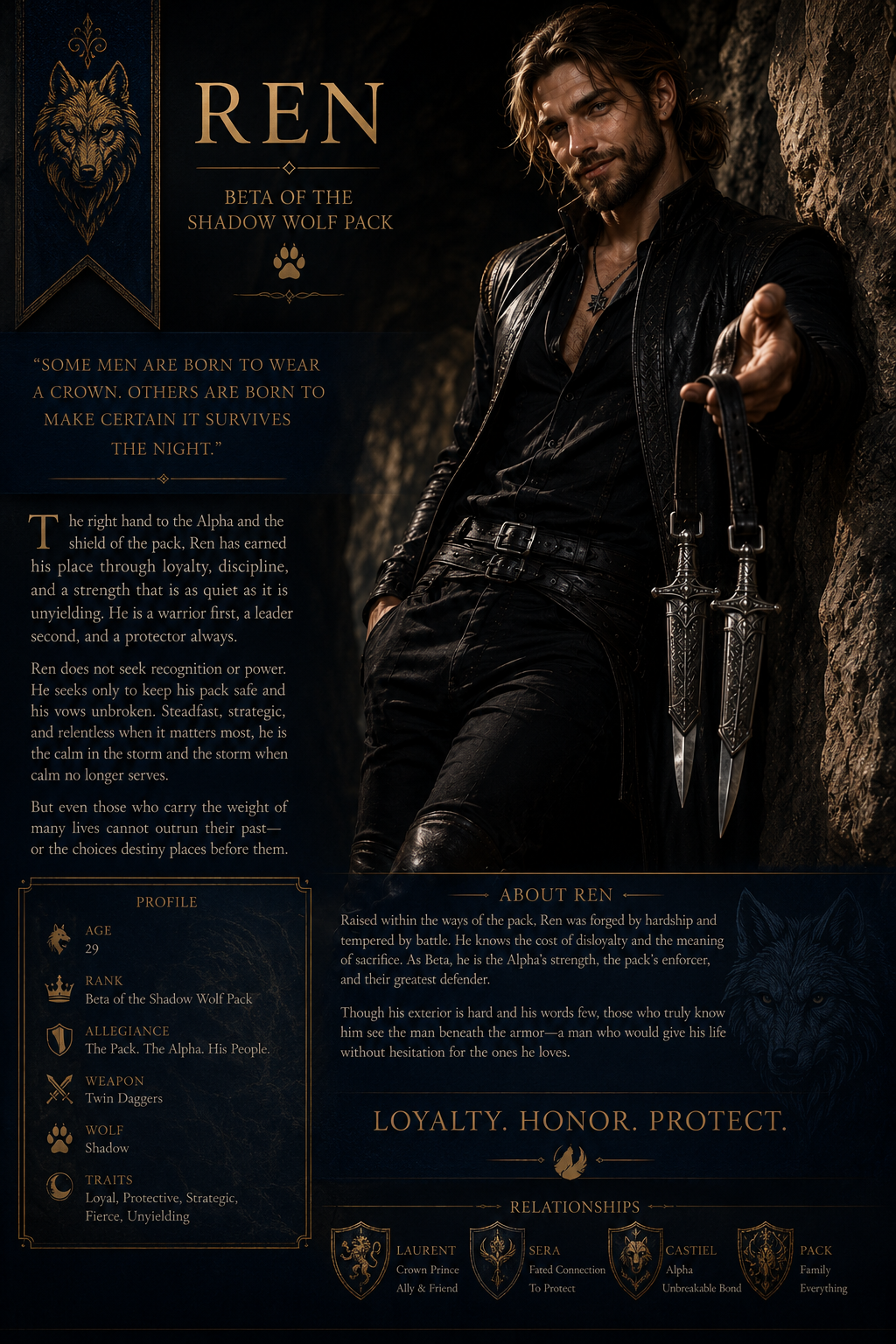 A male character from the Shadow Wolf Pack named Ren, dressed in black leather, leaning against a rocky surface, holding two twin daggers, with a dark, dramatic background. The image features text about Ren's profile, traits, and his role as Beta of the Shadow Wolf Pack, including a quote about men born to wear a crown and make sure it survives the night.