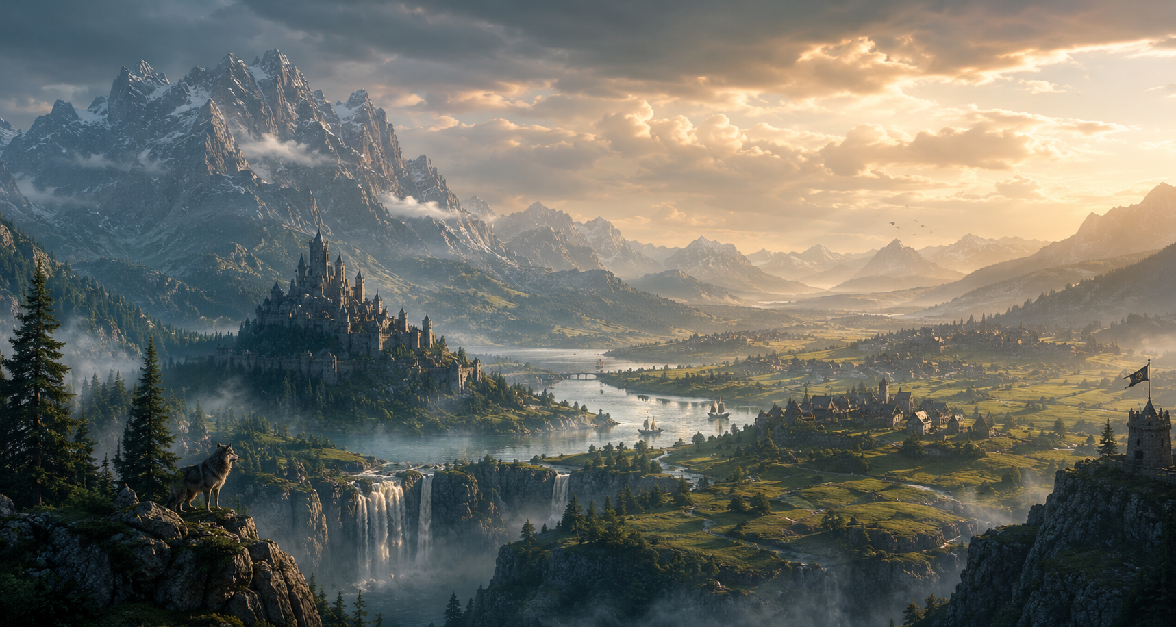 A fantasy landscape featuring a castle on a hill, a river, waterfalls, forests, and mountains during sunset with a wolf on a rocky ledge in the foreground.