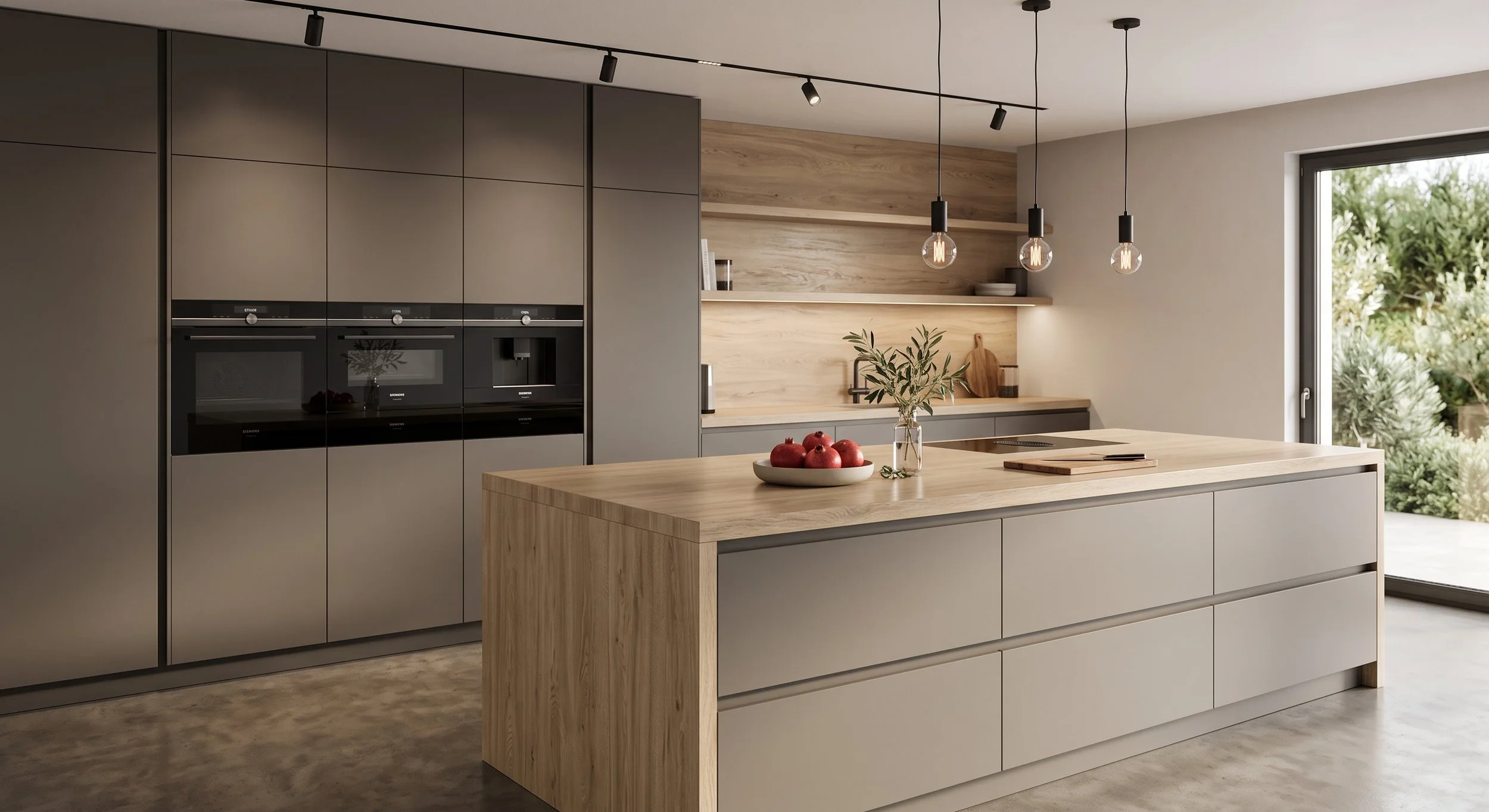 Cocina moderna con isla de madera clara, armarios grises y una pared de madera. Hay un frutero con manzanas rojas y un jarrón con ramas en la isla, con luces colgantes y una ventana con vista a plantas verdes.
