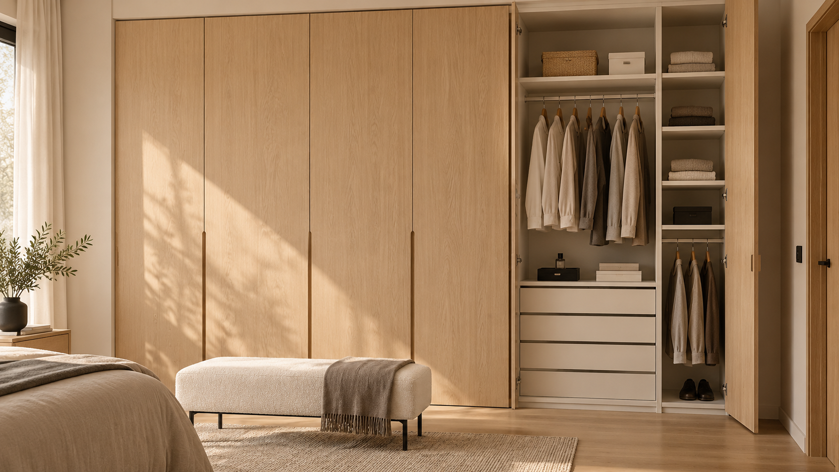 Propuesta de armario a medida con puertas de madera y distribución interior en blanco