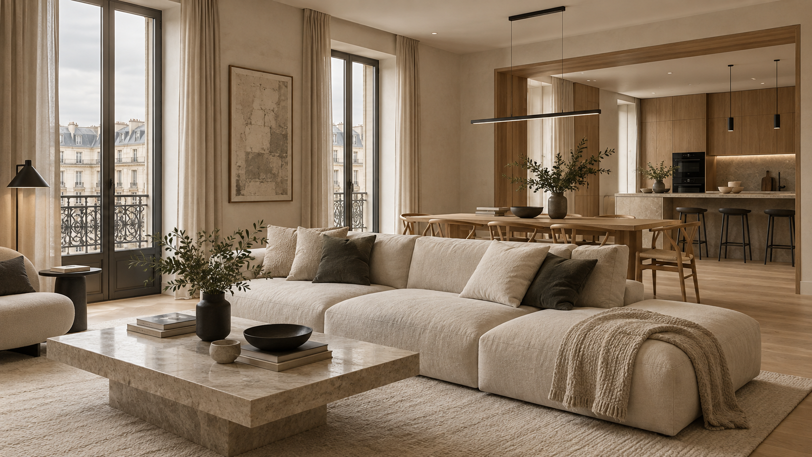 Propuesta de diseño de salón, comedor y cocina en tonos arena y madera natural