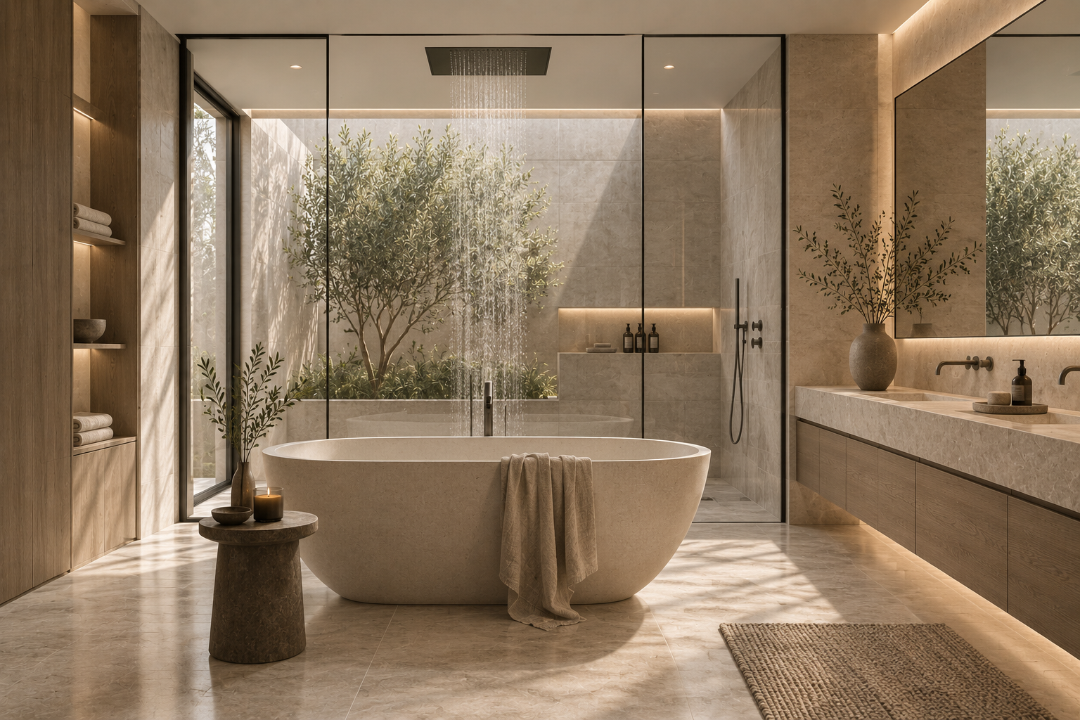 Baño moderno con jacuzzi, ducha de lluvia, lavabo doble, grandes espejos y decoración en tonos tierra con plantas.