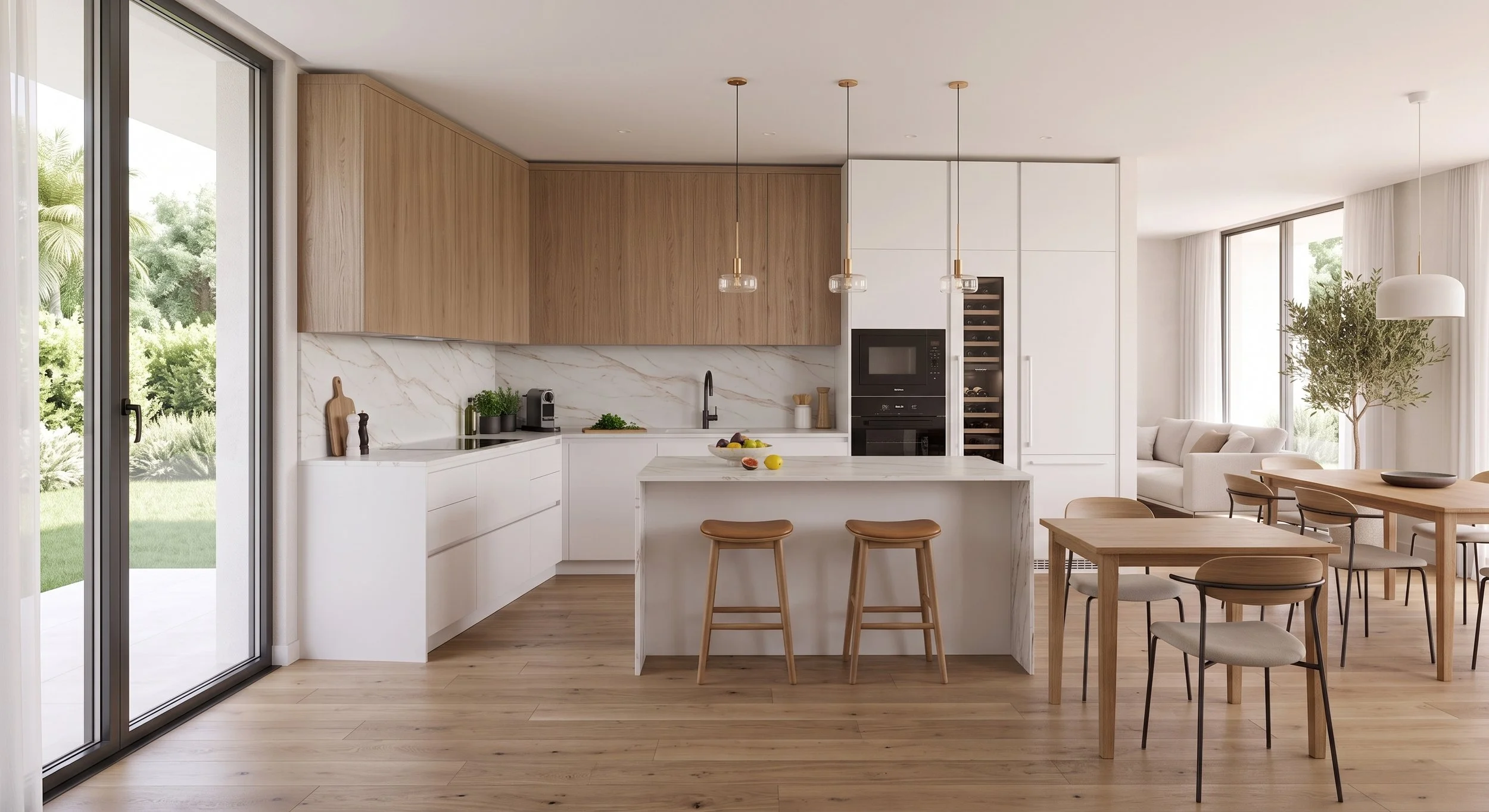 Cocina moderna con isla de mármol, armarios de madera y electrodomésticos negros, junto a una sala de estar luminosa con cortinas blancas, una planta y ventanas grandes que dejan entrar luz natural.