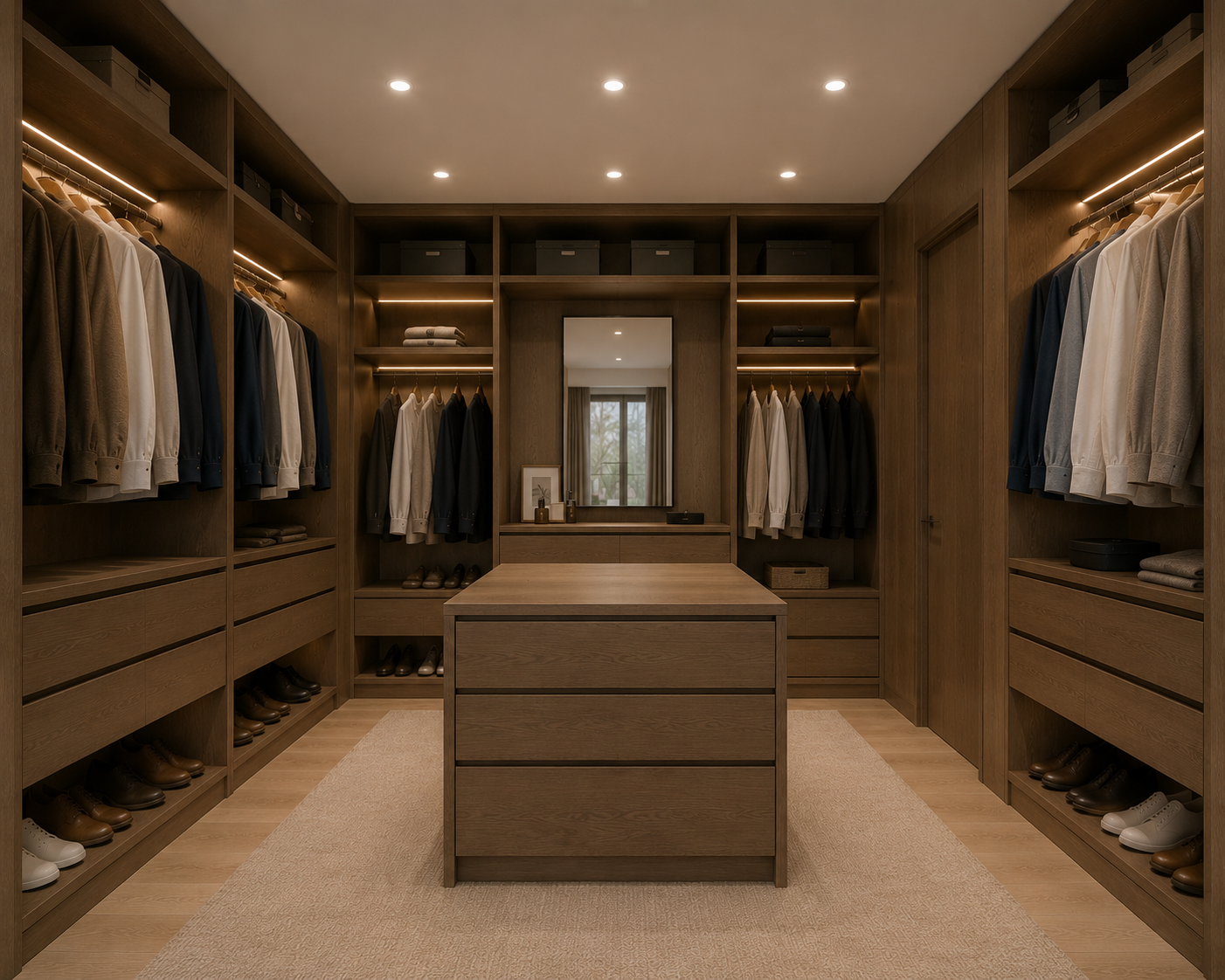 Vestidor de madera con ropa y calzado organizado, espejo y ventana al fondo.