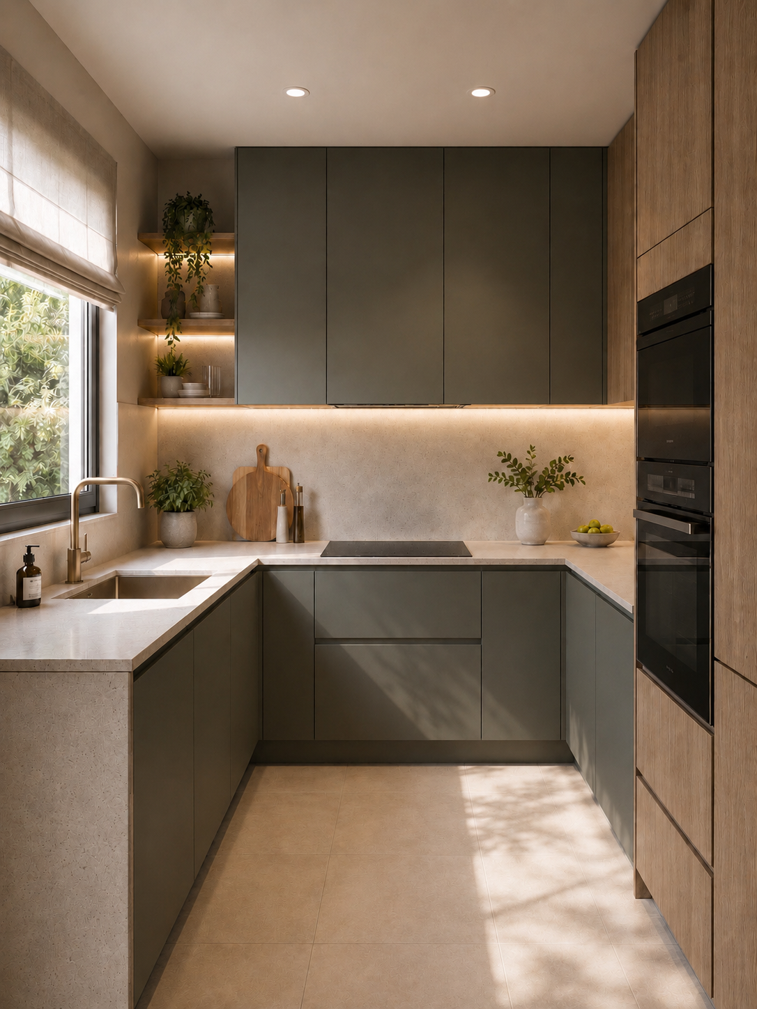 Cocina moderna con gabinetes grises, electrodomésticos empotrados, encimera de piedra clara, plantas y utensilios decorativos en las repisas, ventana con cortina, iluminación empotrada en el techo y luz cálida en la pared de la cocina.