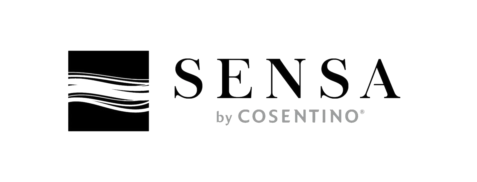 Logotipo en tonos negros y grises que dice 'SENSA by COSENTINO' con un símbolo rectangular a la izquierda con líneas onduladas.