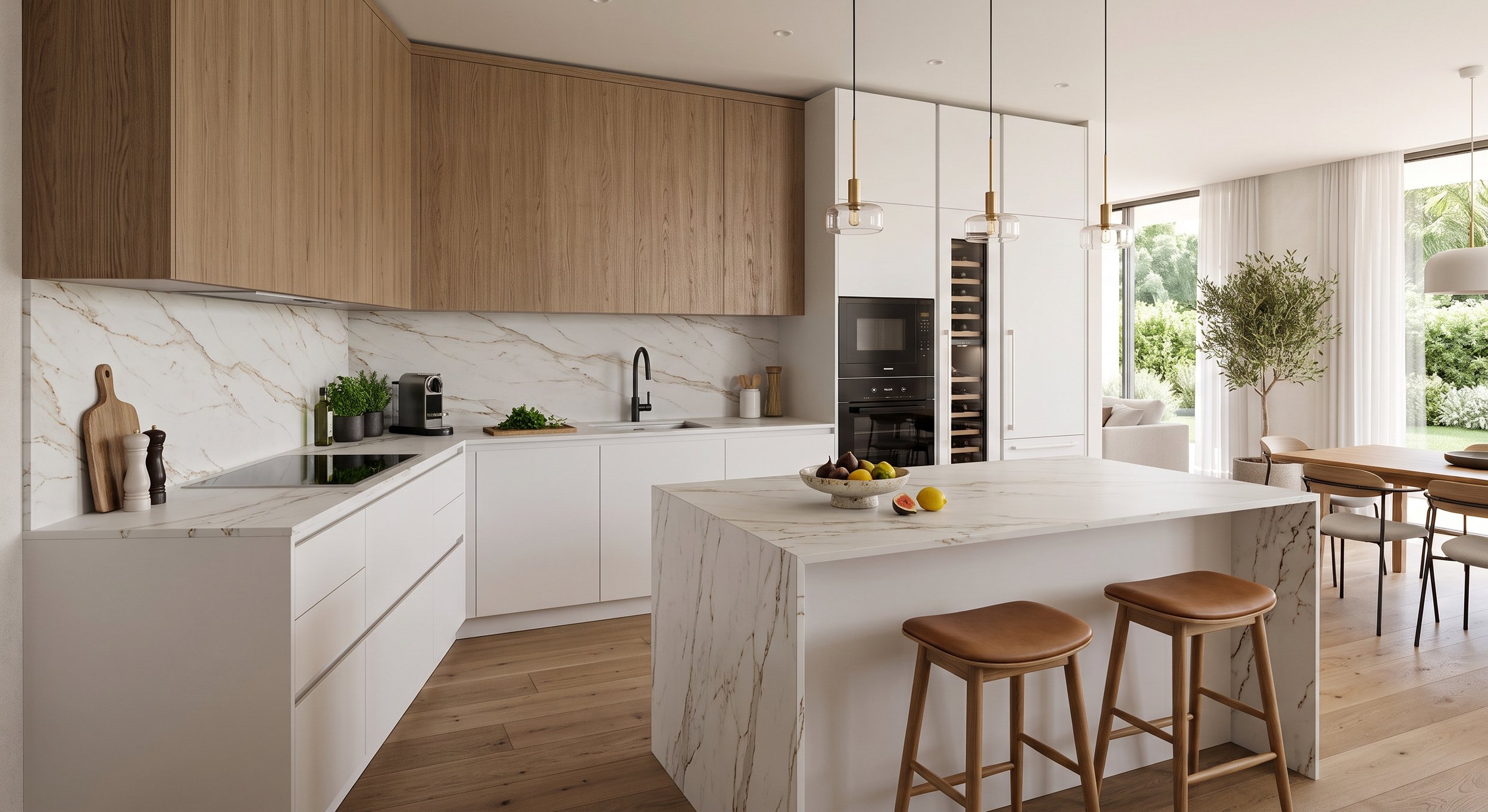 Cocina moderna con encimeras de mármol blanco, gabinetes blancos y de madera, electrodomésticos integrados, isla central con frutas, comedor con mesas y sillas de madera, grandes ventanas con cortinas blancas, espacio luminoso con naturaleza visible afuera.