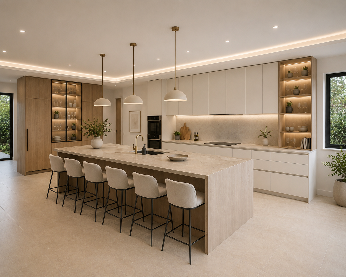 Cocina moderna con isla de mármol, asientos alrededor, gabinetes blancos y de madera, estanterías con vajilla y plantas, iluminación empotrada, ventanas grandes con vista al exterior.