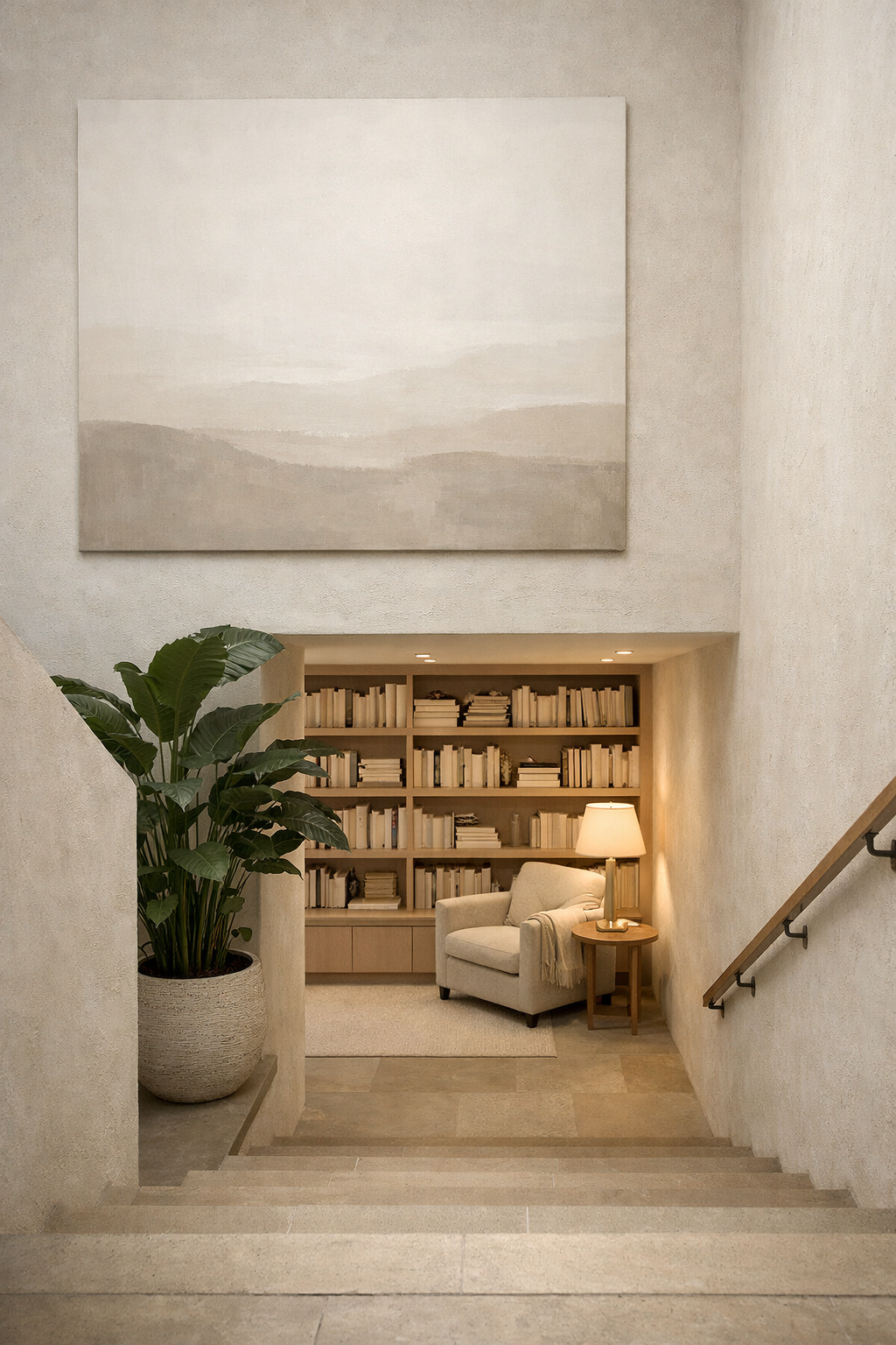 Entrada a una sala de lectura con estantes llenos de libros, una lámpara de mesa encendida, una silla cómoda con cobija y una planta grande en una maceta.