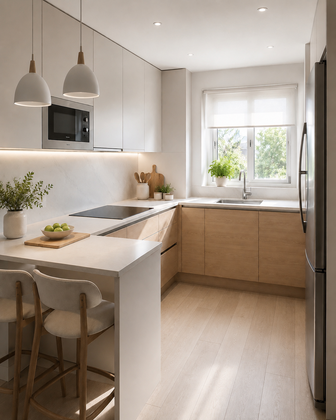 Cocina moderna con gabinetes blancos y de madera clara, paredes en tonos neutros, iluminación empotrada y techo blanco. Hay una ventana con cortina y plantas en la ventana y en la encimera.