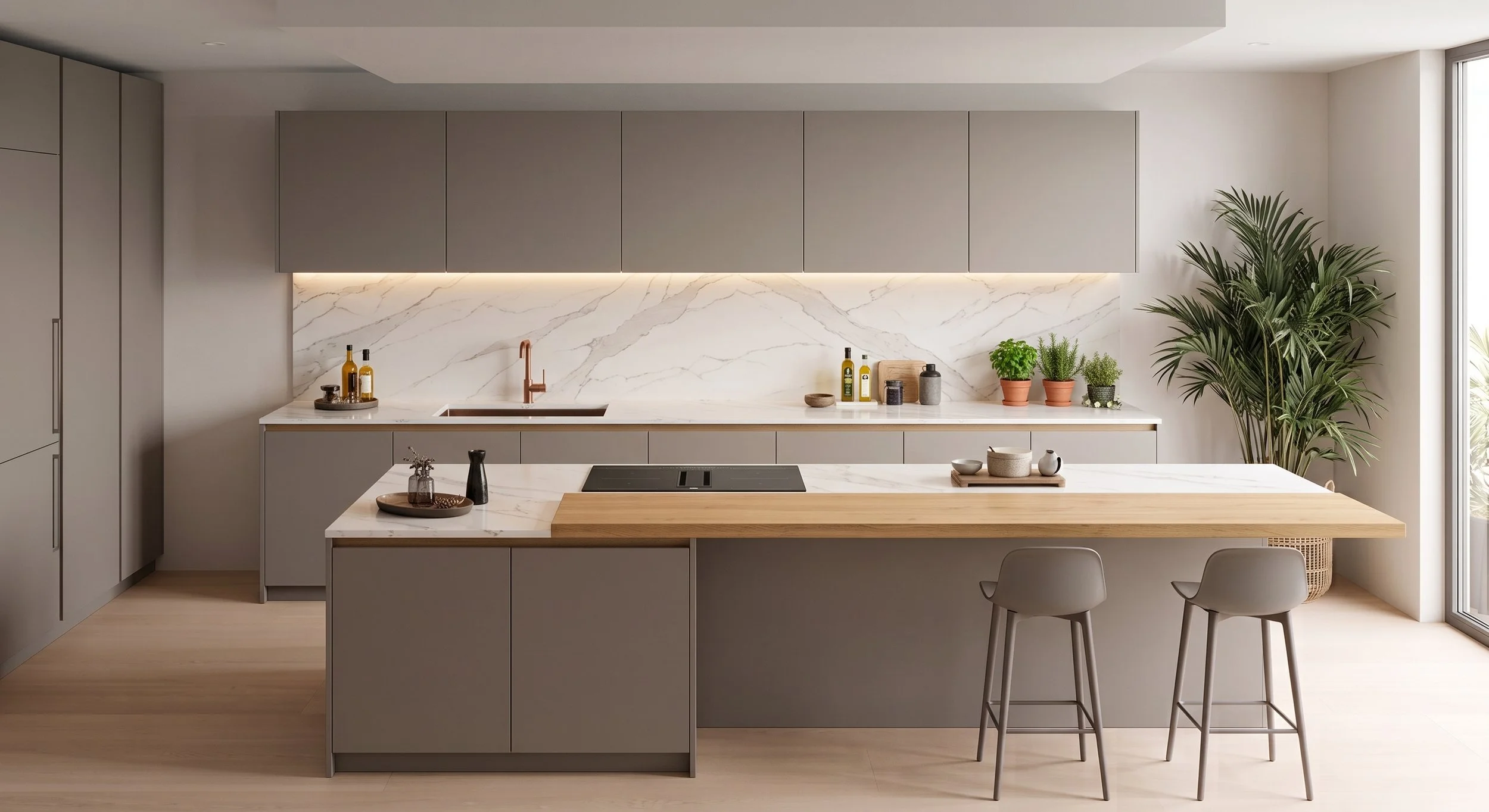Cocina moderna con gabinetes grises, encimera de mármol, pared de mármol, plantas en macetas, y cercanía a ventana grande