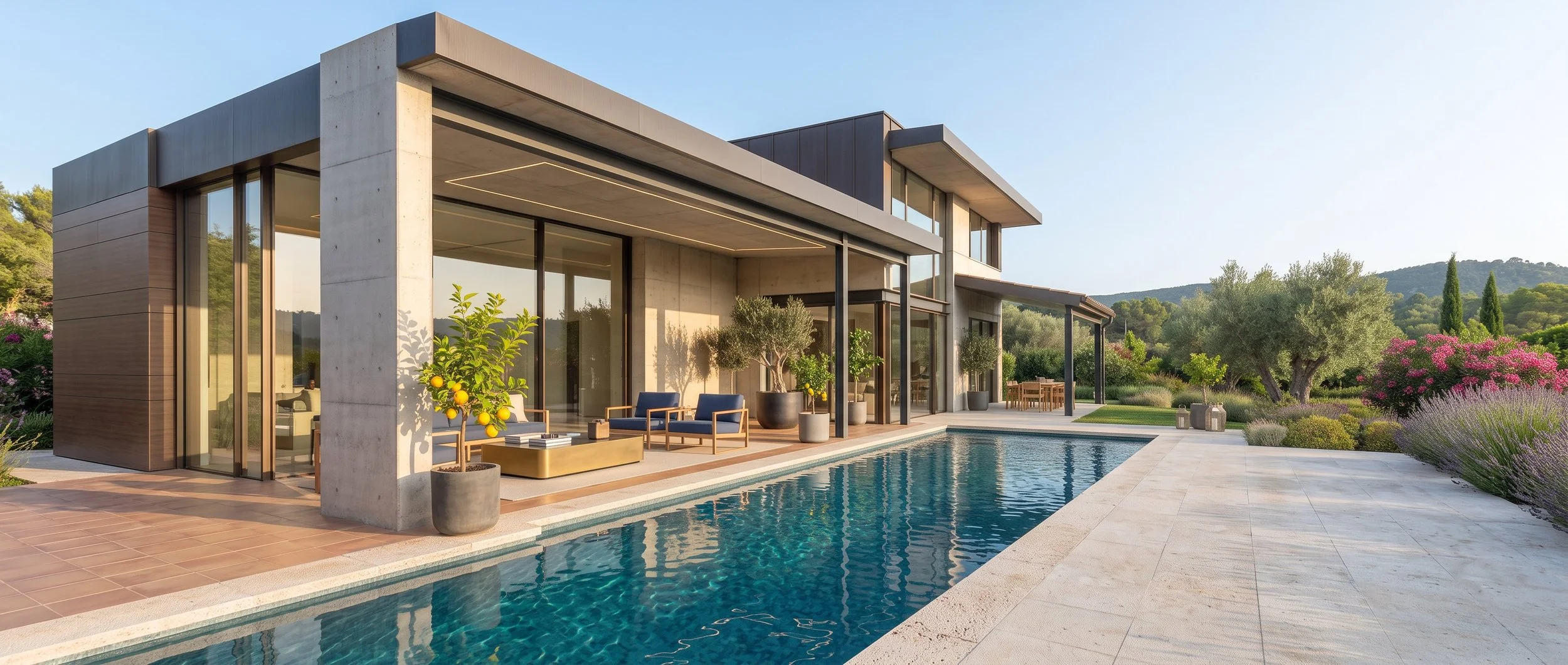 Casa moderna con piscina y jardín en un paisaje natural.