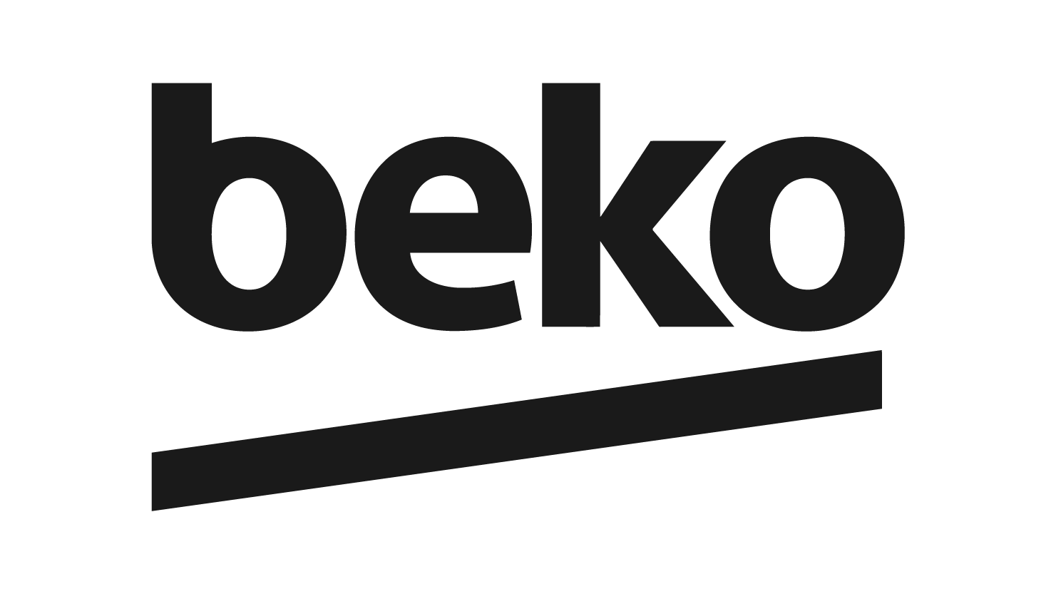Logo de la marca Beko en letras negras grandes con línea diagonal debajo.