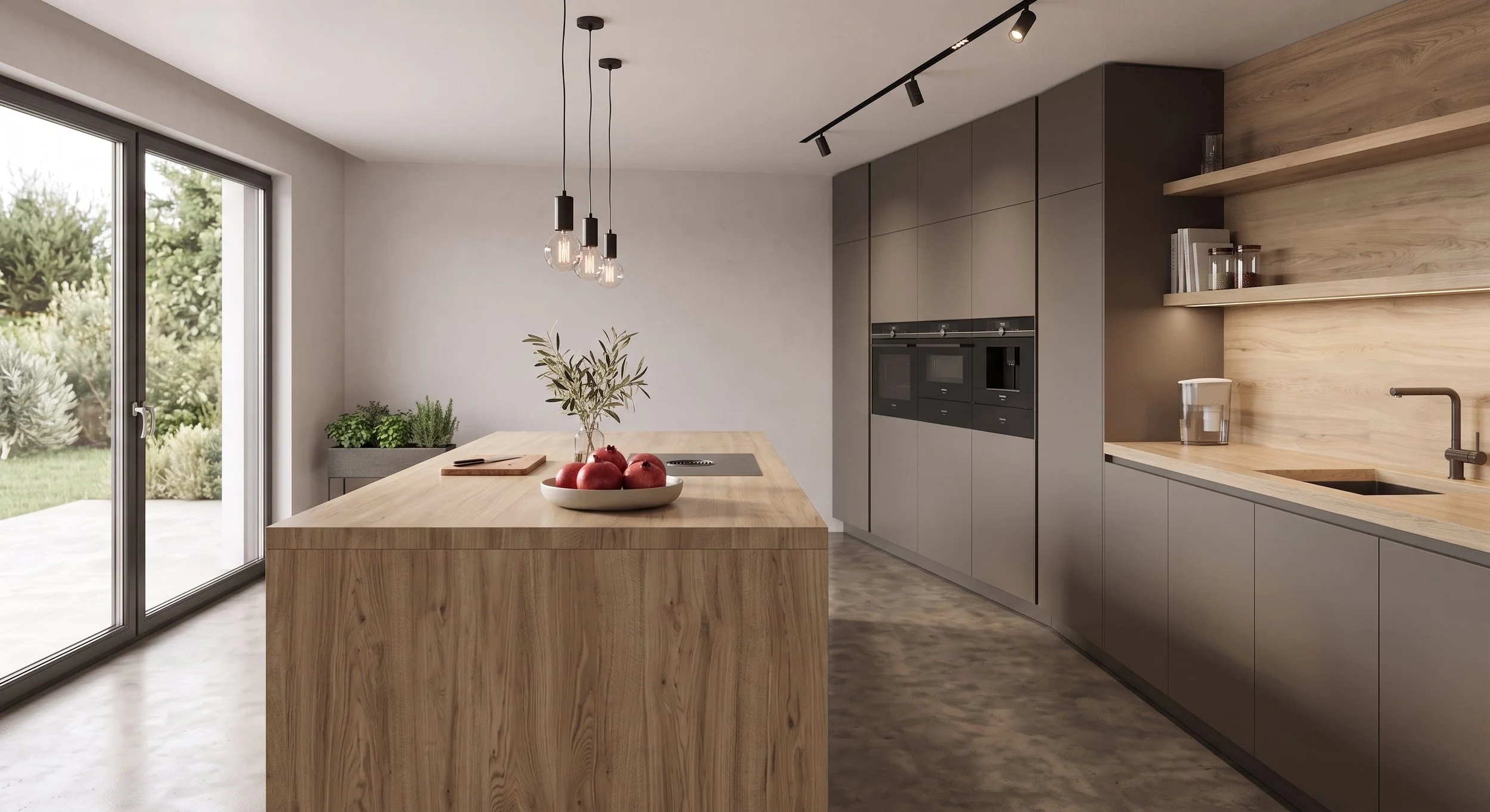 Cocina moderna con encimera de madera, ventanas amplias, armarios grises y estantes de madera, con frutas en un plato y plantas decorativas.