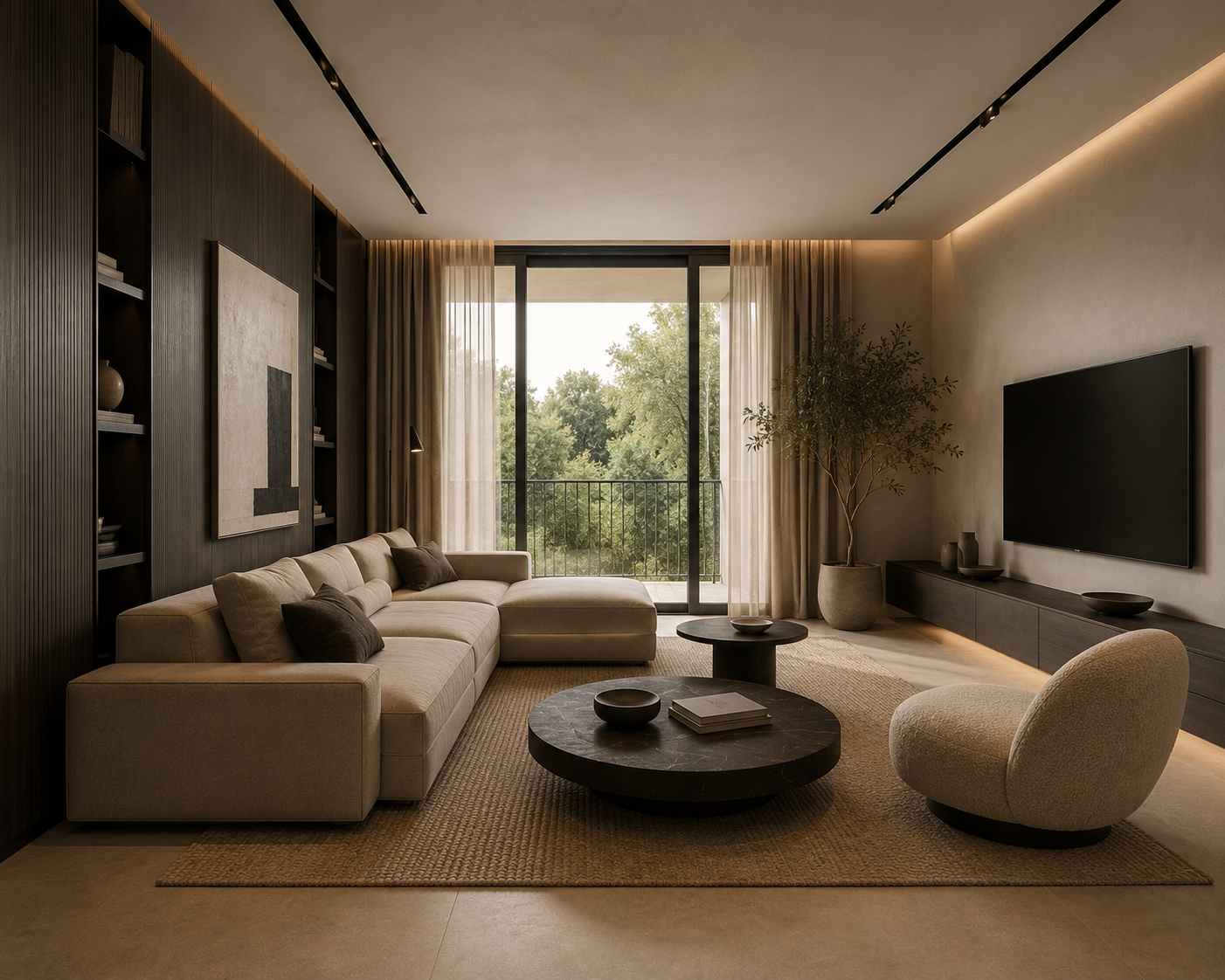 Sala moderna con sillón beige, sofá beige con cojines oscuros, mesa de centro de mármol y revistas, televisor en pared, árbol en maceta grande, cortinas traslúcidas y ventana grande con vista a árboles verdes.