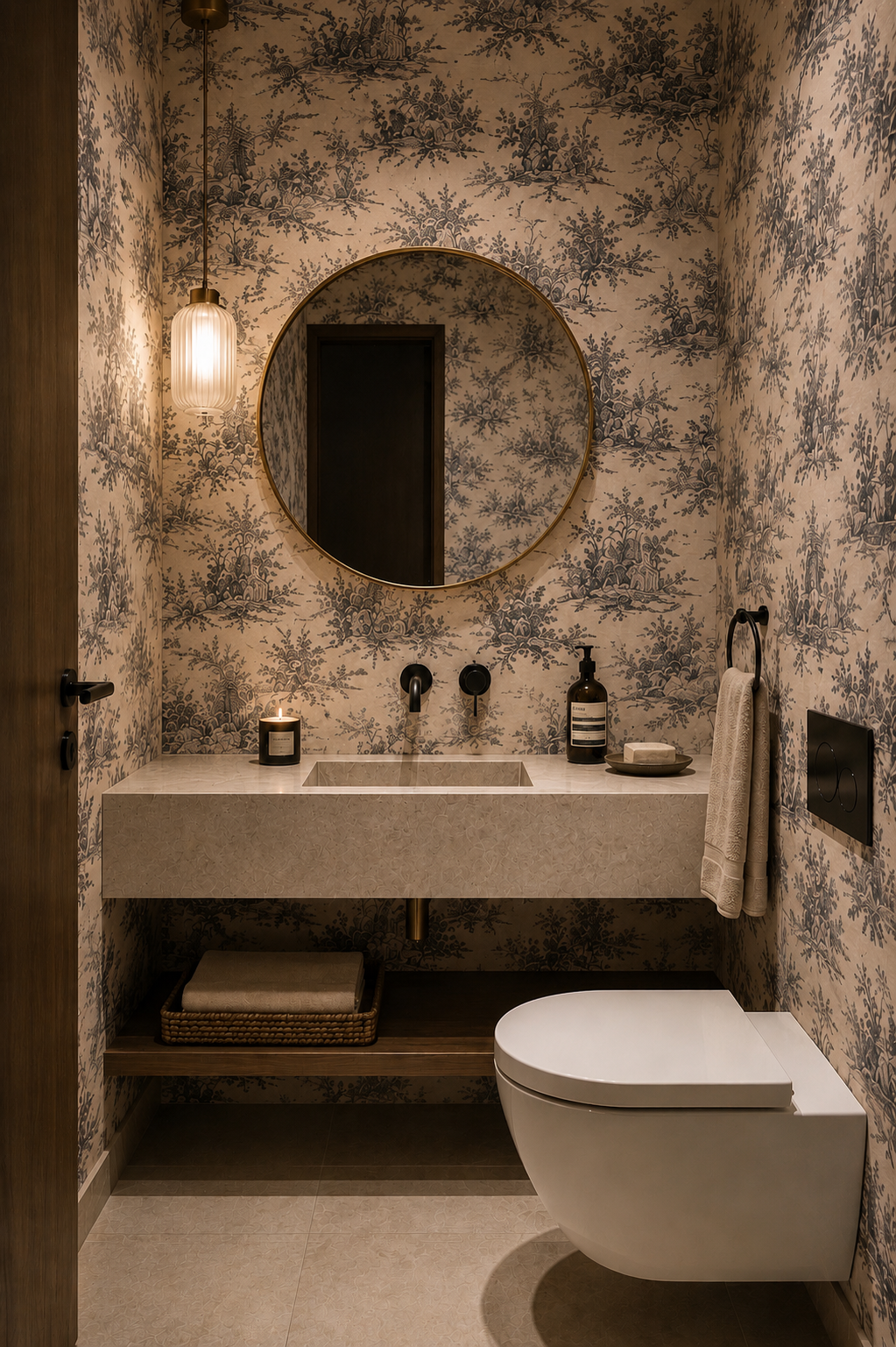 Baño con pared de papel tapiz con diseño de paisaje en tonos beige y azul. Espejo circular con marco dorado, lavabo de piedra con accesorio de vela, jabón y loción en el escritorio del lavabo. Toalla en soporte y banca con toallas debajo del lavabo. Inodoro moderno y luz colgante elegantes.