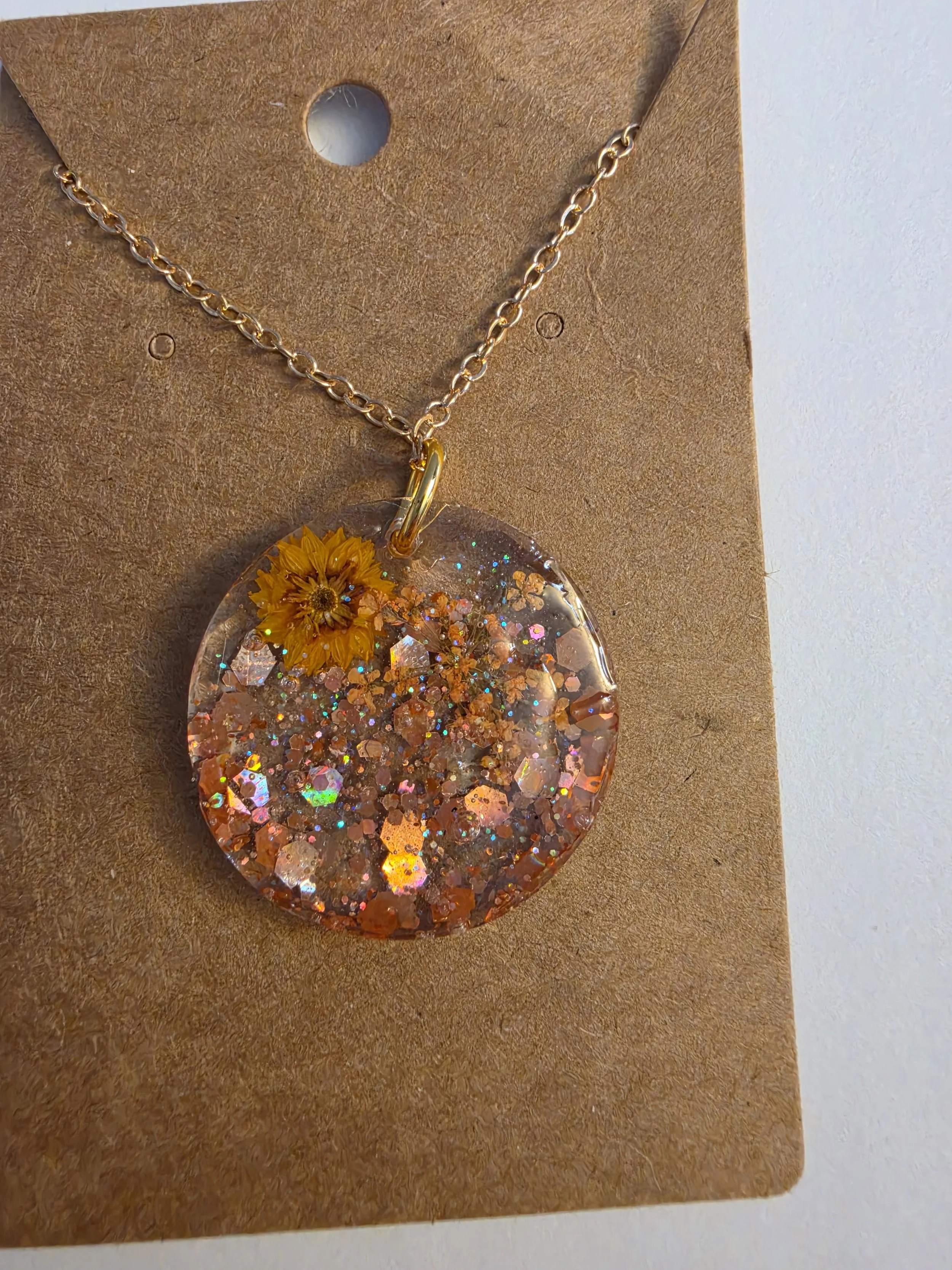 Orange Glitter Flower Round Gold Chain Necklace
