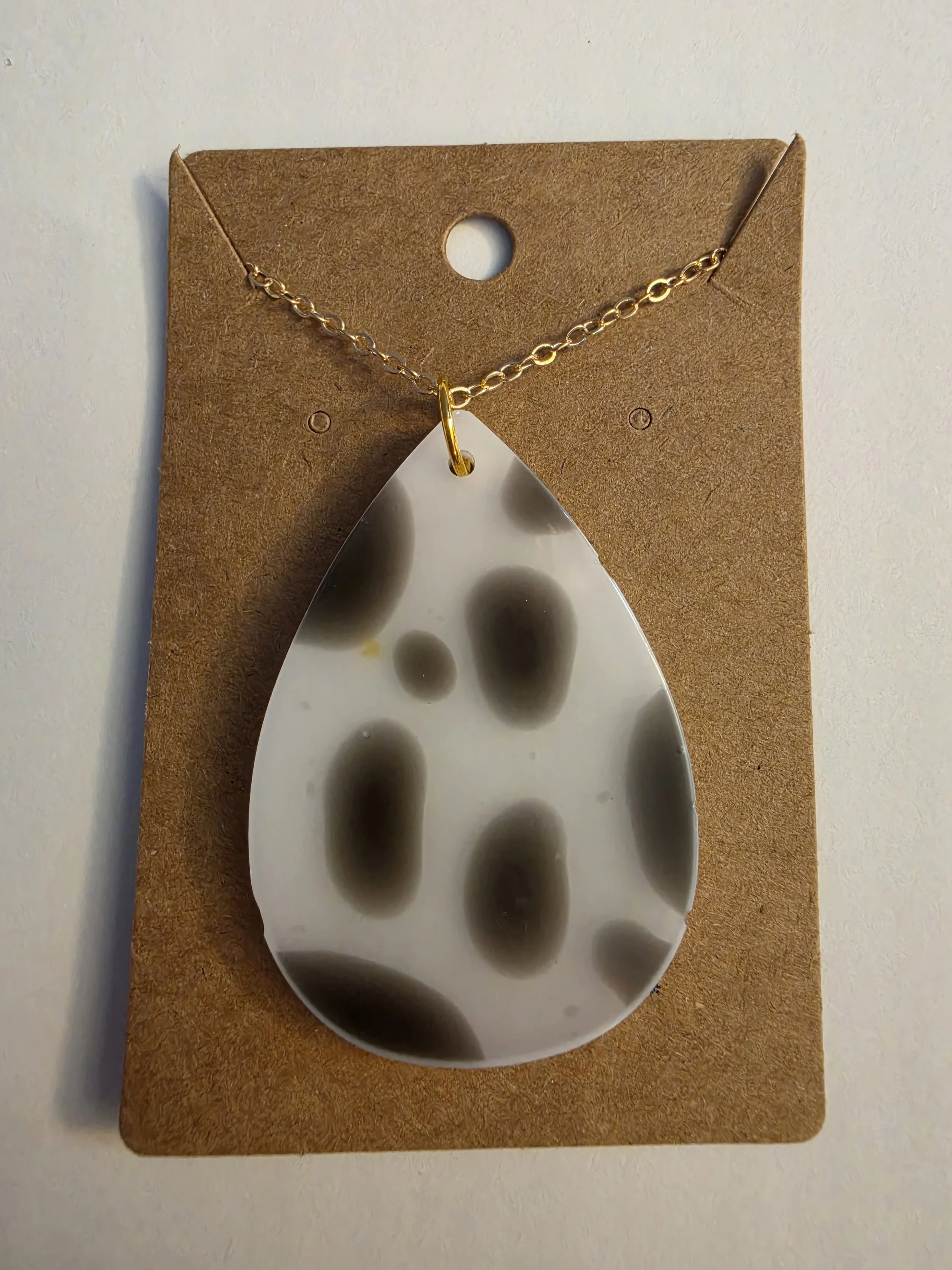 Brown & White Cow Print Tear Drop Gold Chain Necklace