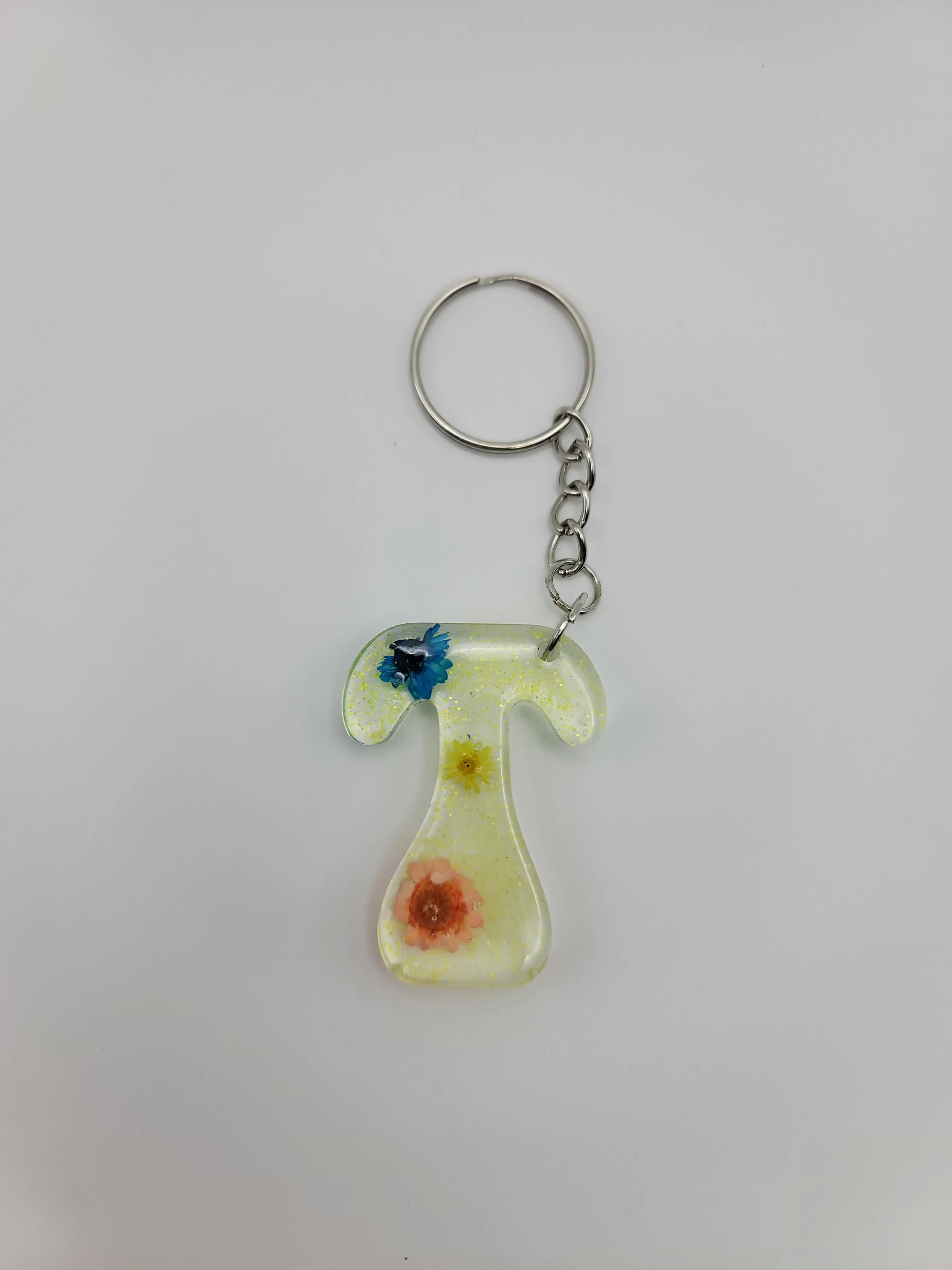 "T" Translucent Yellow Glitter & Flower Keychain